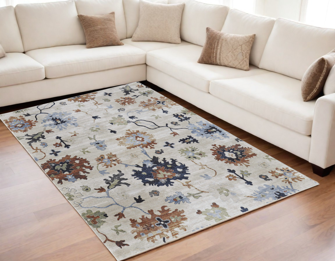 5" X 8" Ivory Red and Blue Floral Power Loom Area Rug