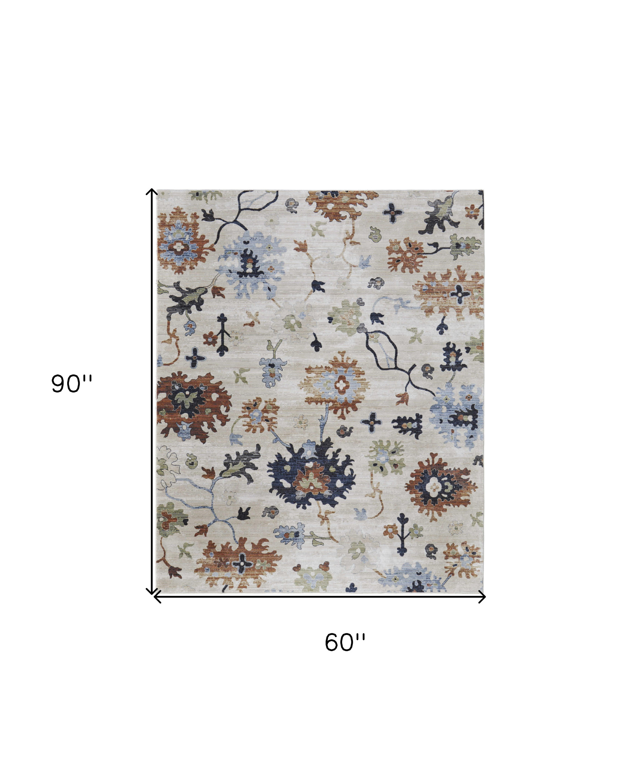 5" X 8" Ivory Red and Blue Floral Power Loom Area Rug