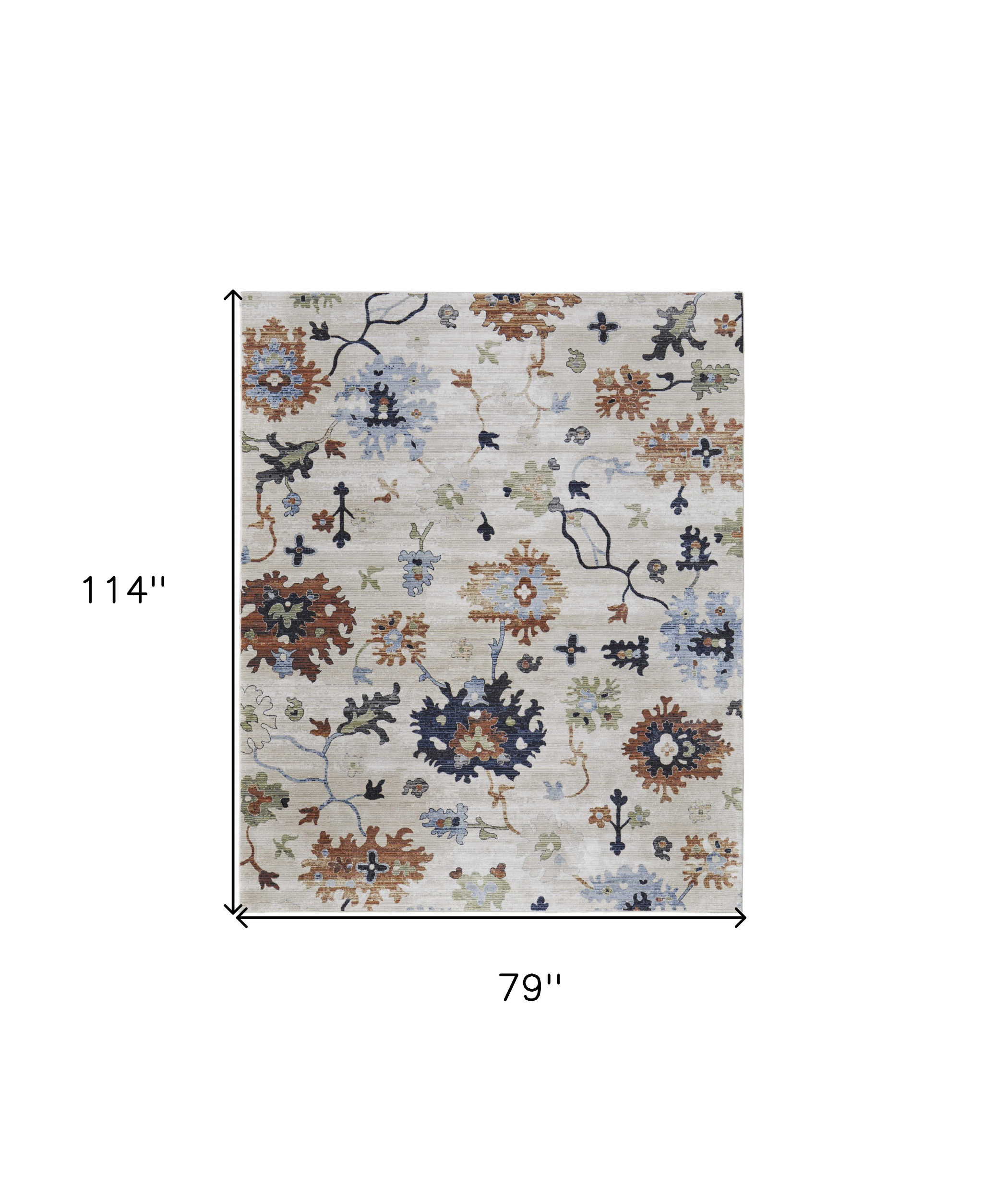 7" X 10" Ivory Red and Blue Floral Power Loom Area Rug