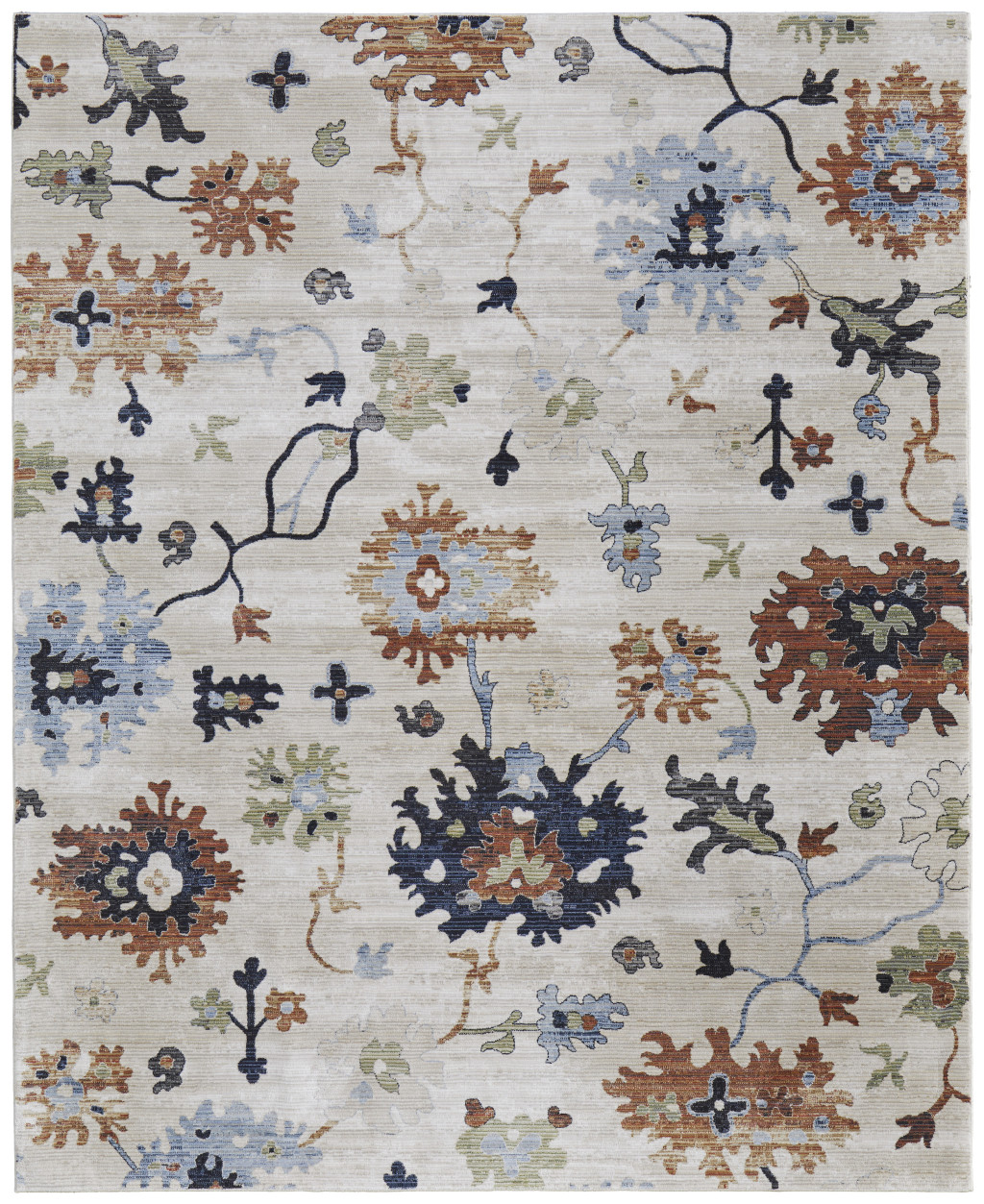 8" X 10" Ivory Red and Blue Floral Power Loom Area Rug