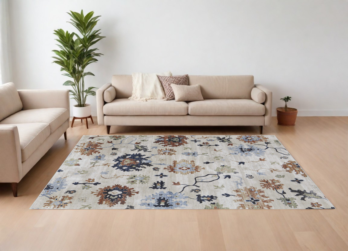 8" X 10" Ivory Red and Blue Floral Power Loom Area Rug