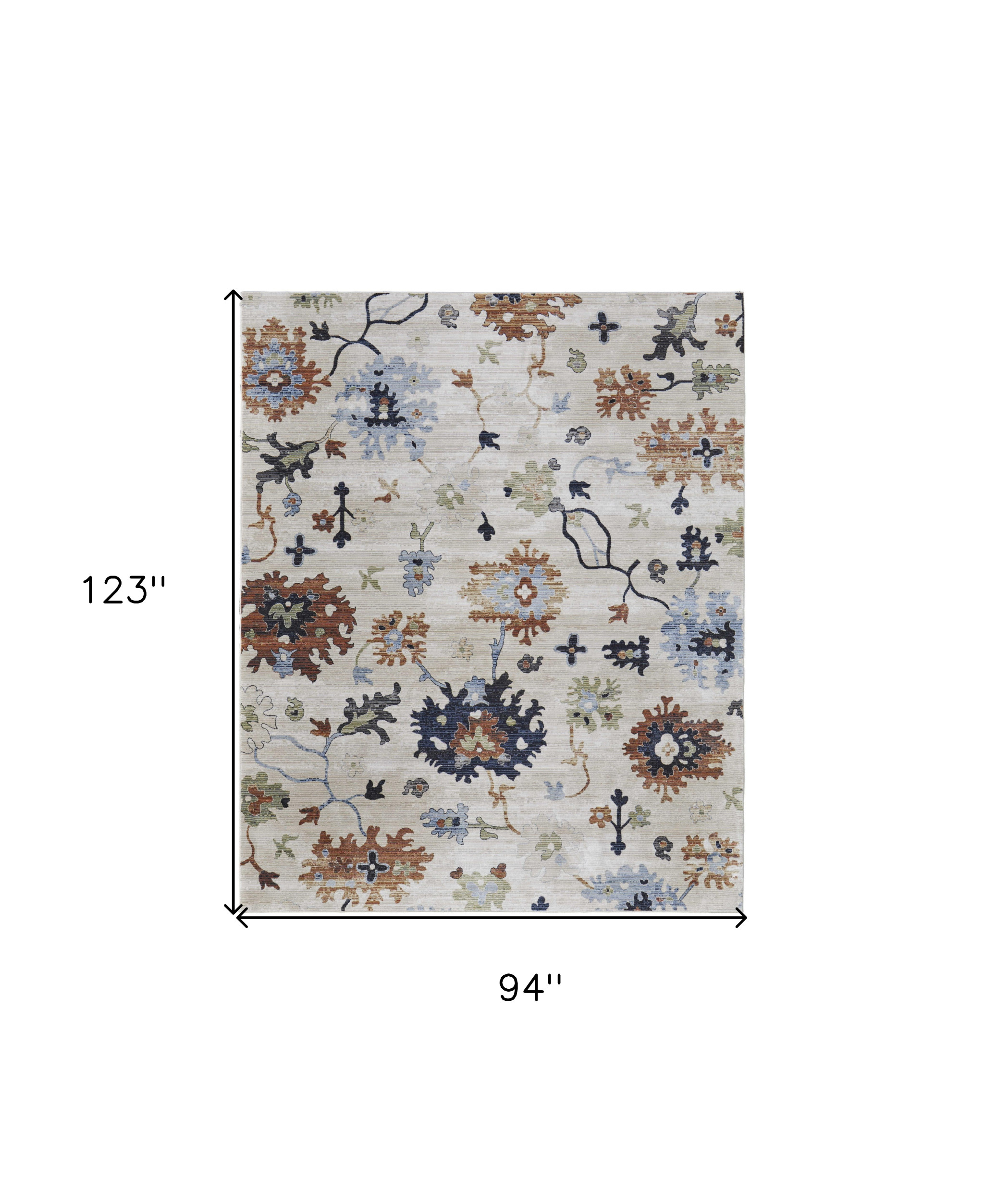 8" X 10" Ivory Red and Blue Floral Power Loom Area Rug