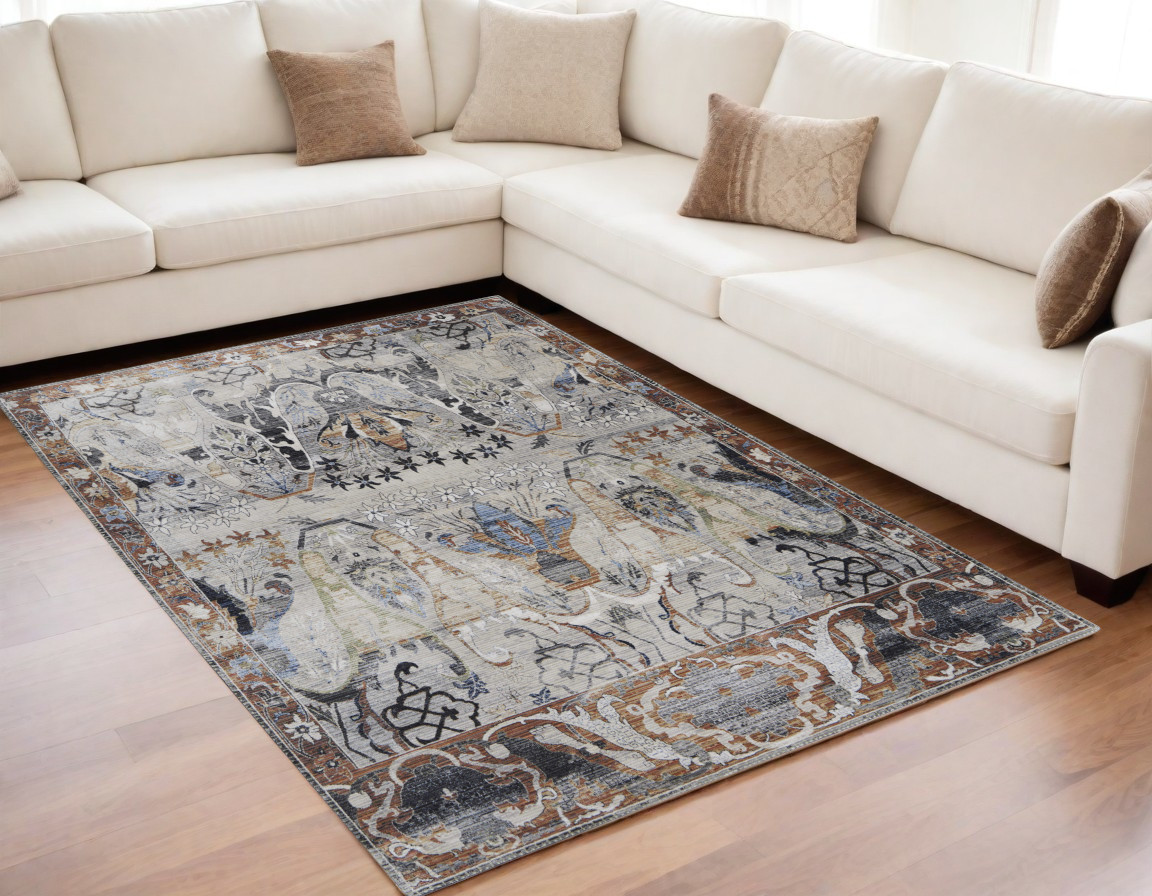 5" X 8" Gray Black and Red Ikat Power Loom Area Rug