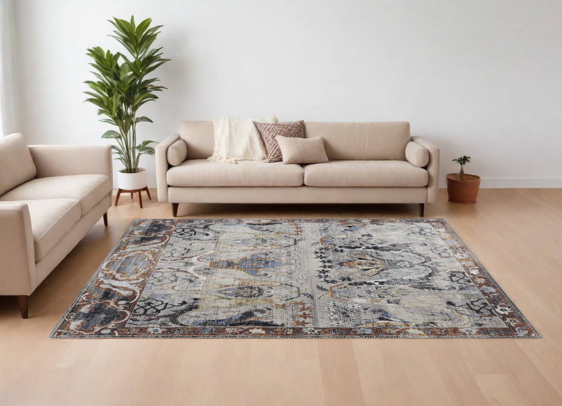 8" X 10" Gray Black and Red Ikat Power Loom Area Rug