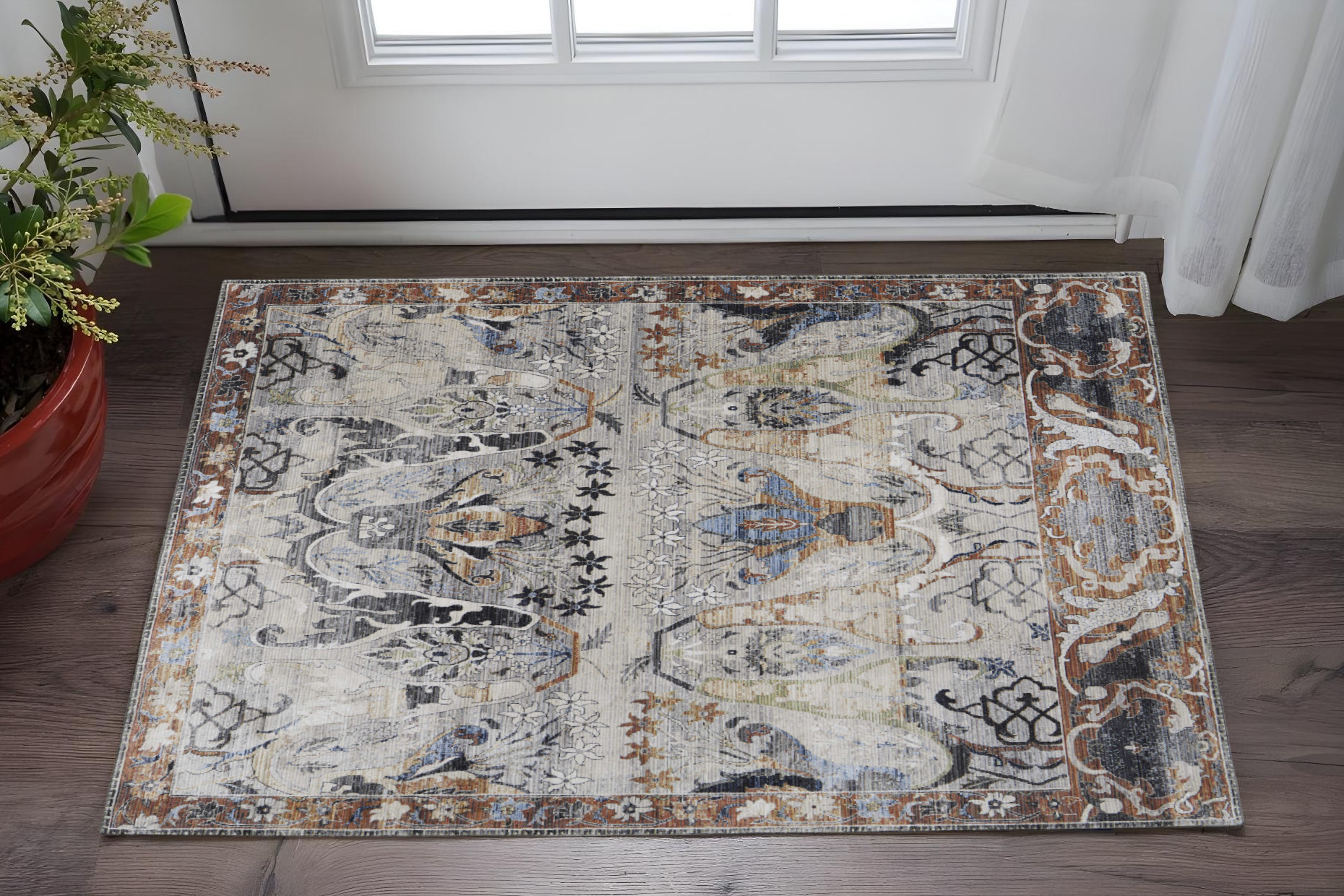 2" X 3" Gray Black and Red Ikat Power Loom Area Rug