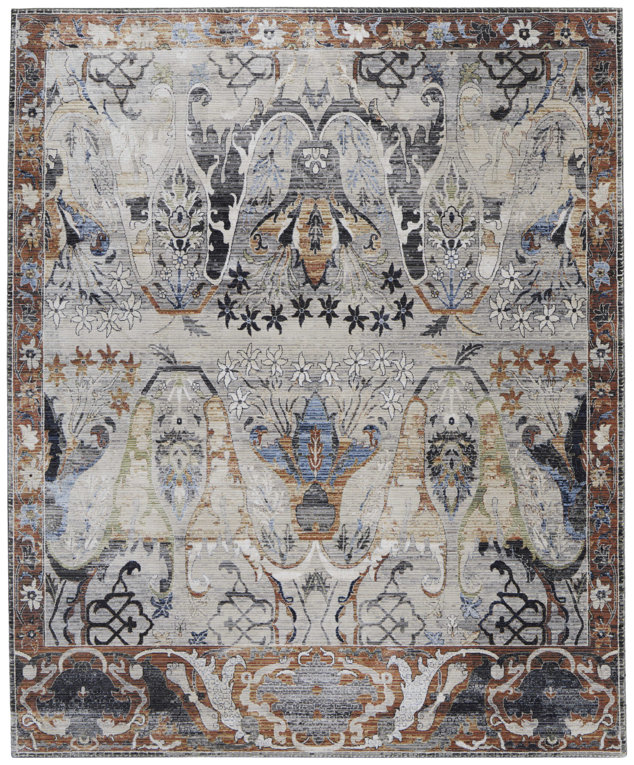 2" X 3" Gray Black and Red Ikat Power Loom Area Rug