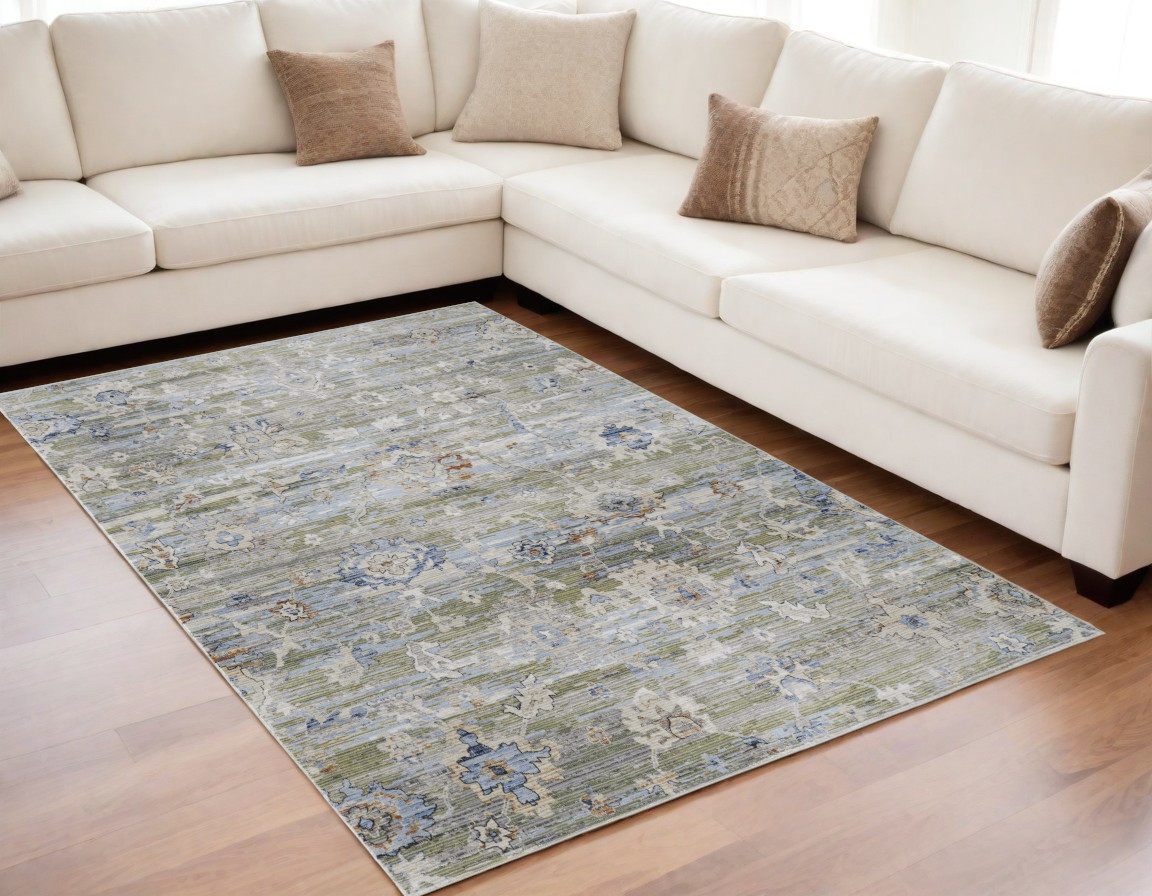 5" X 8" Ivory Green and Blue Floral Power Loom Worn Faded Area Rug