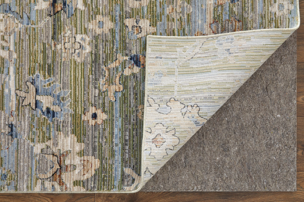 9" X 13" Ivory Green and Blue Floral Power Loom Worn Faded Area Rug