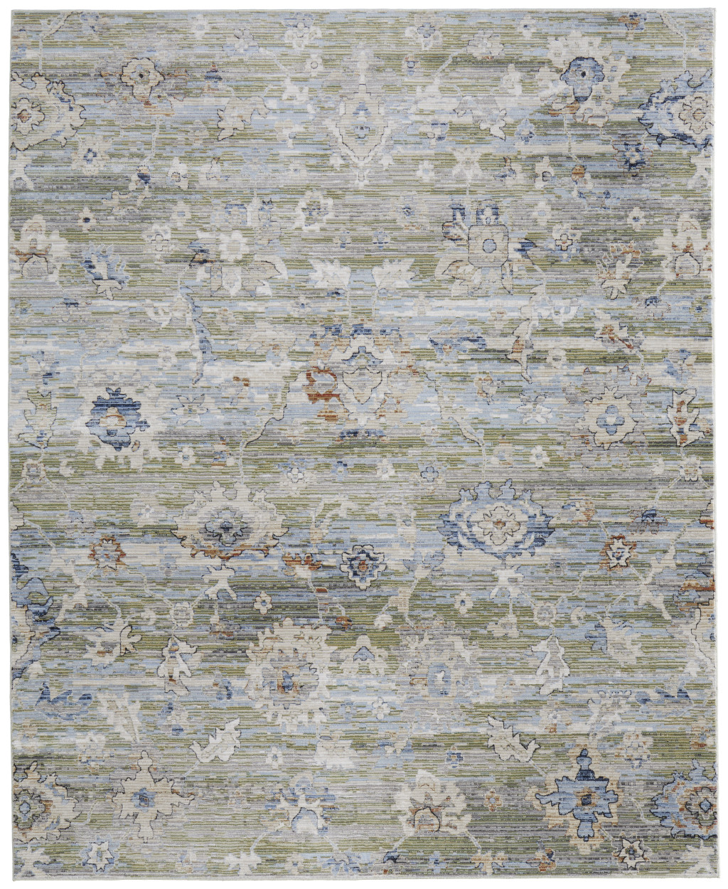 9" X 13" Ivory Green and Blue Floral Power Loom Worn Faded Area Rug