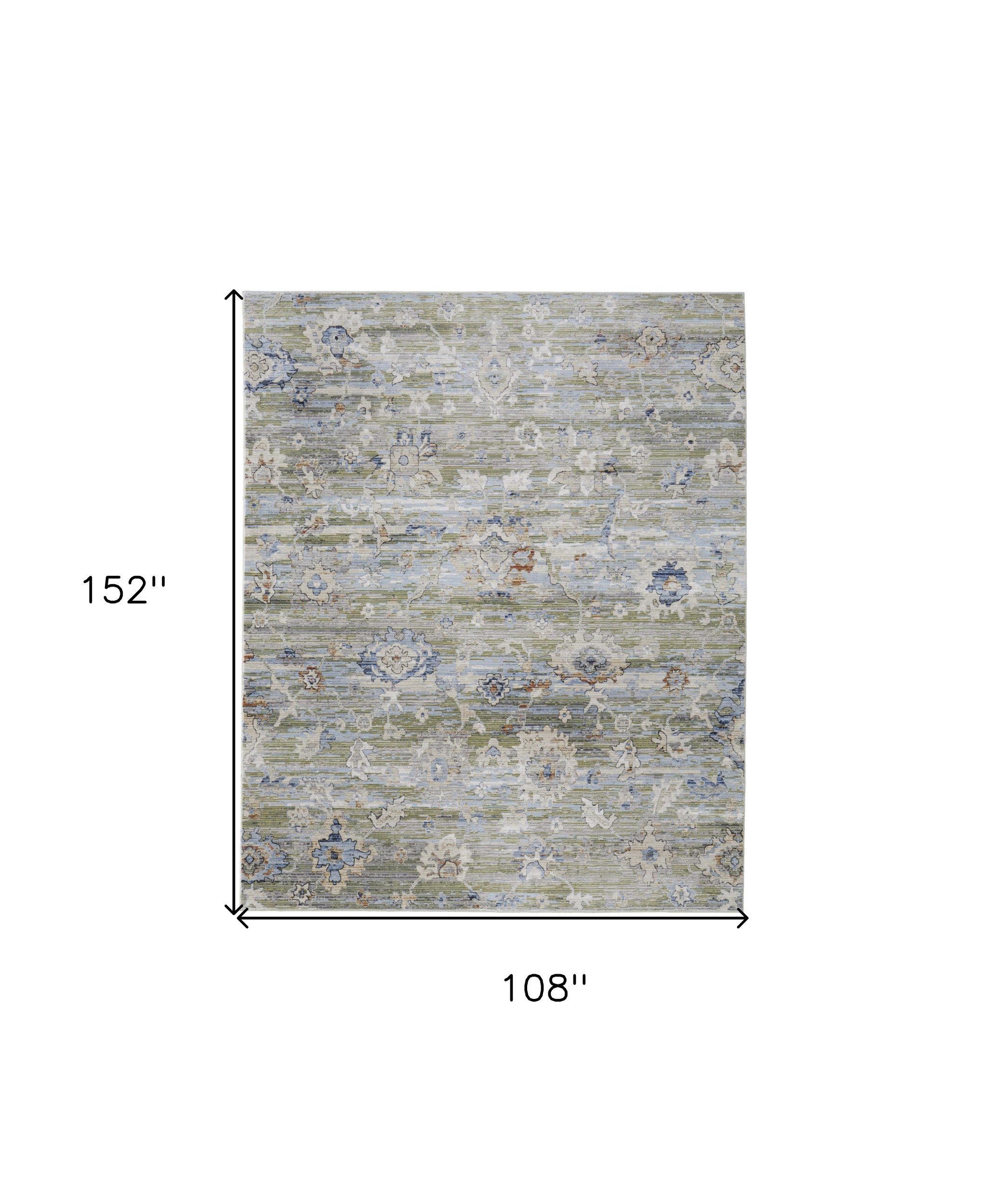 9" X 13" Ivory Green and Blue Floral Power Loom Worn Faded Area Rug