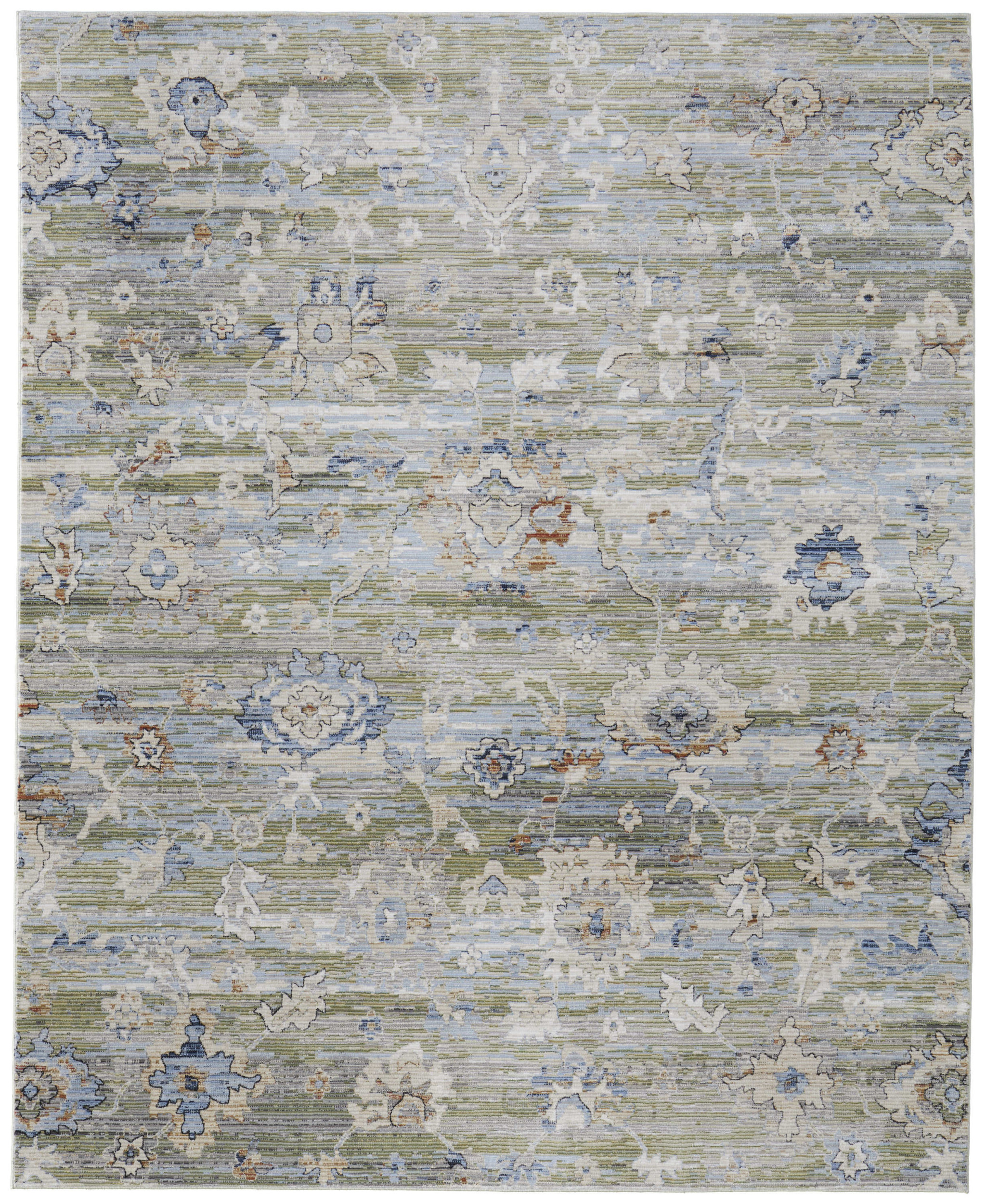 9" X 13" Ivory Green and Blue Floral Power Loom Worn Faded Area Rug