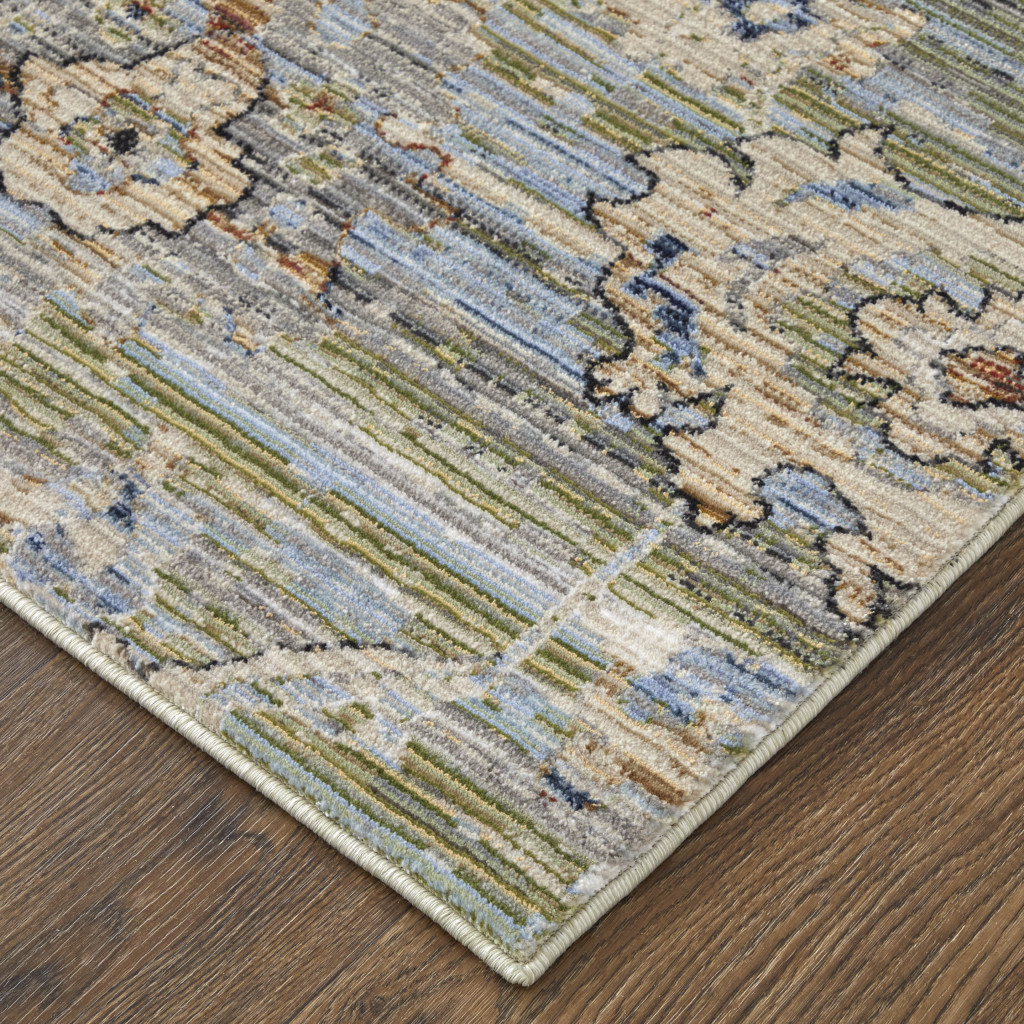 2" X 3" Ivory Green and Blue Floral Power Loom Worn Faded Area Rug