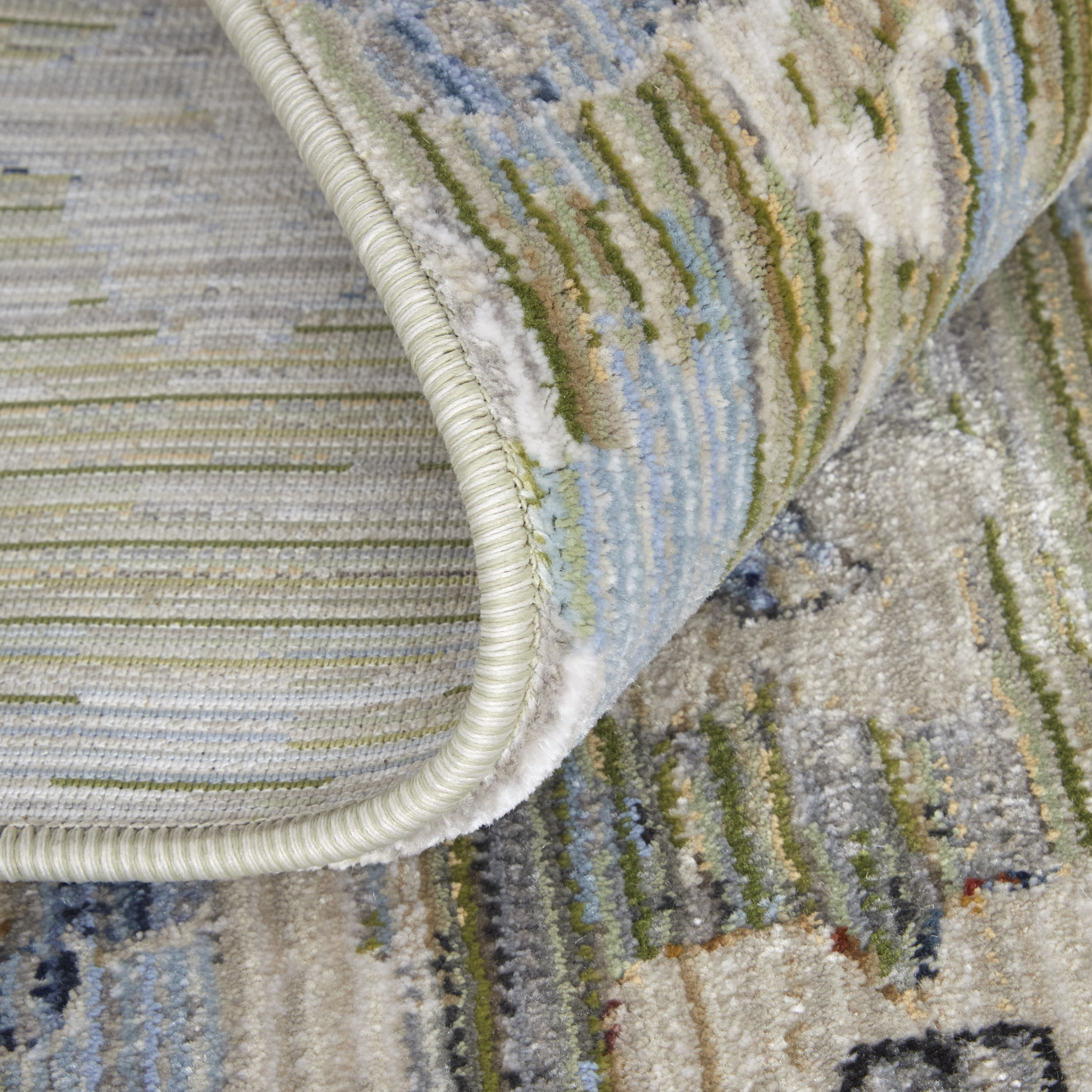 2" X 3" Ivory Green and Blue Floral Power Loom Worn Faded Area Rug