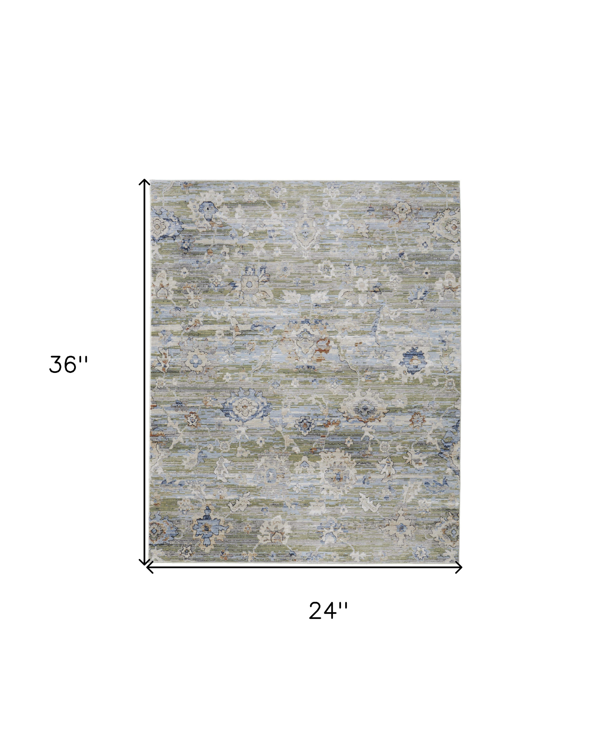2" X 3" Ivory Green and Blue Floral Power Loom Worn Faded Area Rug