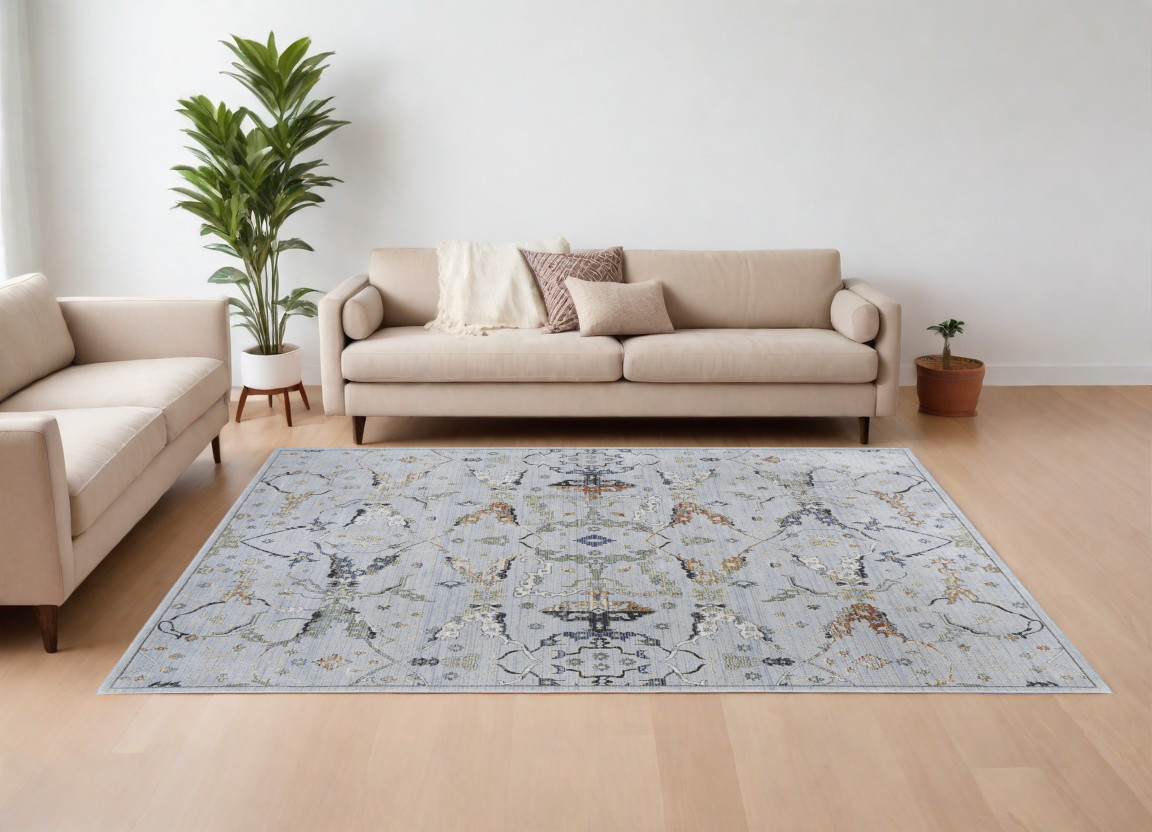 7" X 10" Gray Blue and Green Floral Power Loom Area Rug