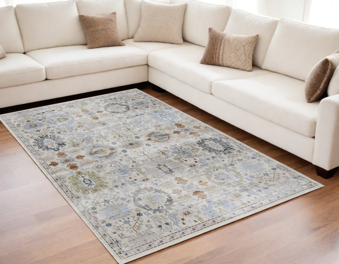 5" X 8" Ivory Red and Blue Floral Power Loom Area Rug