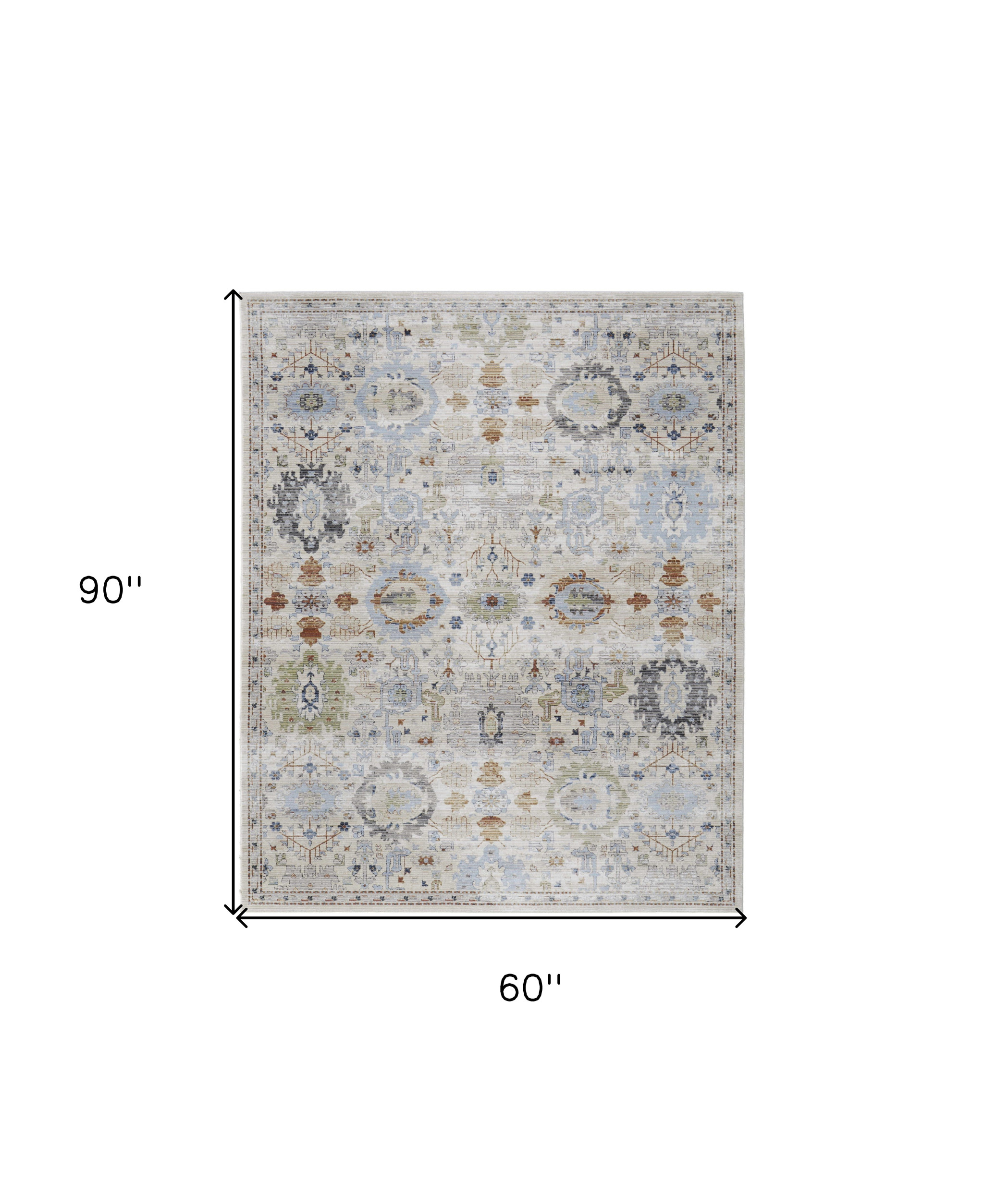 5" X 8" Ivory Red and Blue Floral Power Loom Area Rug