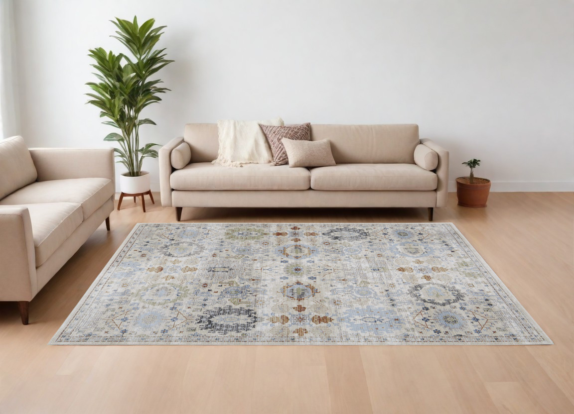 8" X 10" Ivory Red and Blue Floral Power Loom Area Rug