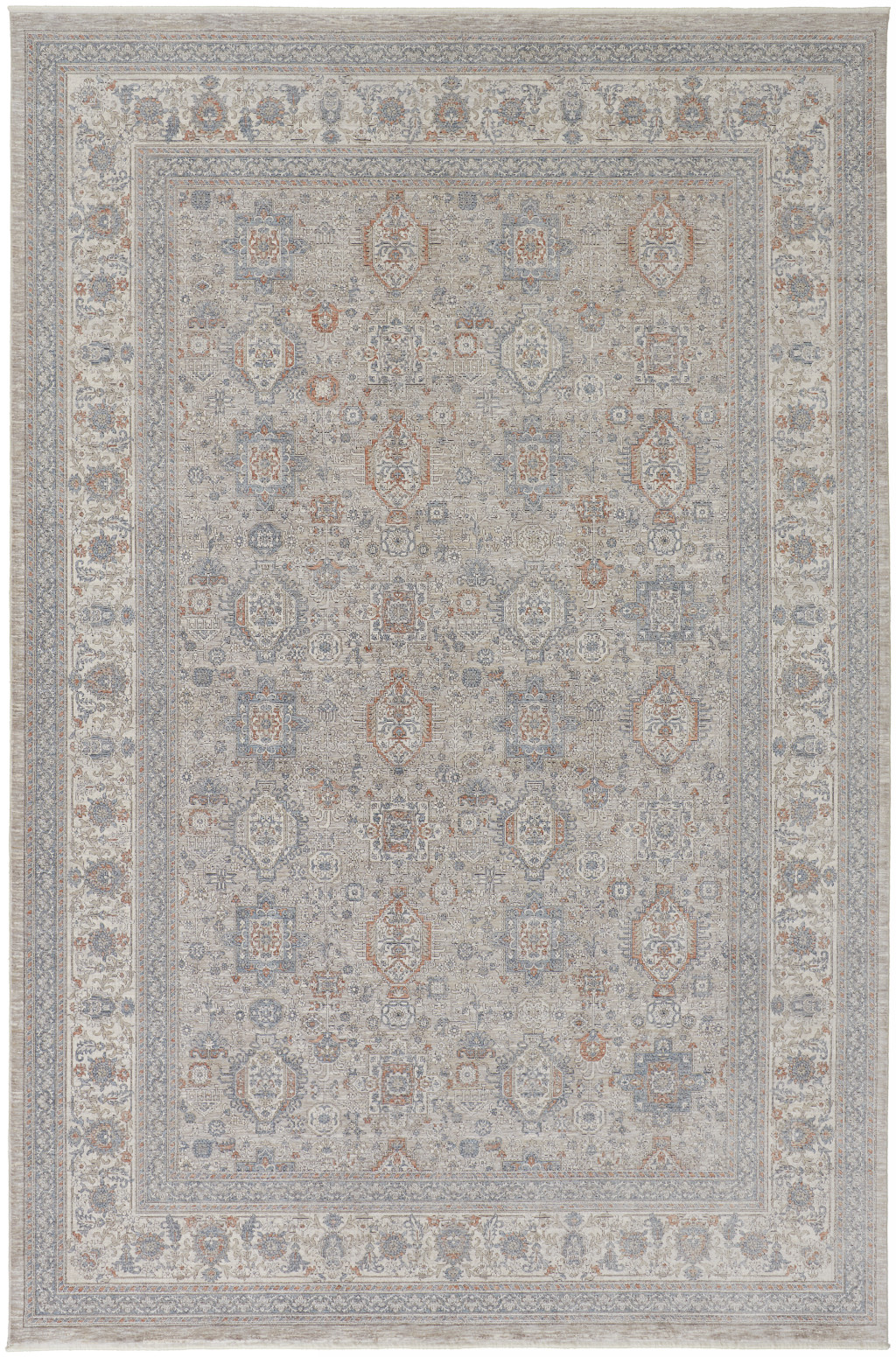 5" X 7" Silver Taupe and Blue Oriental Power Loom Worn Faded Area Rug With Fringe