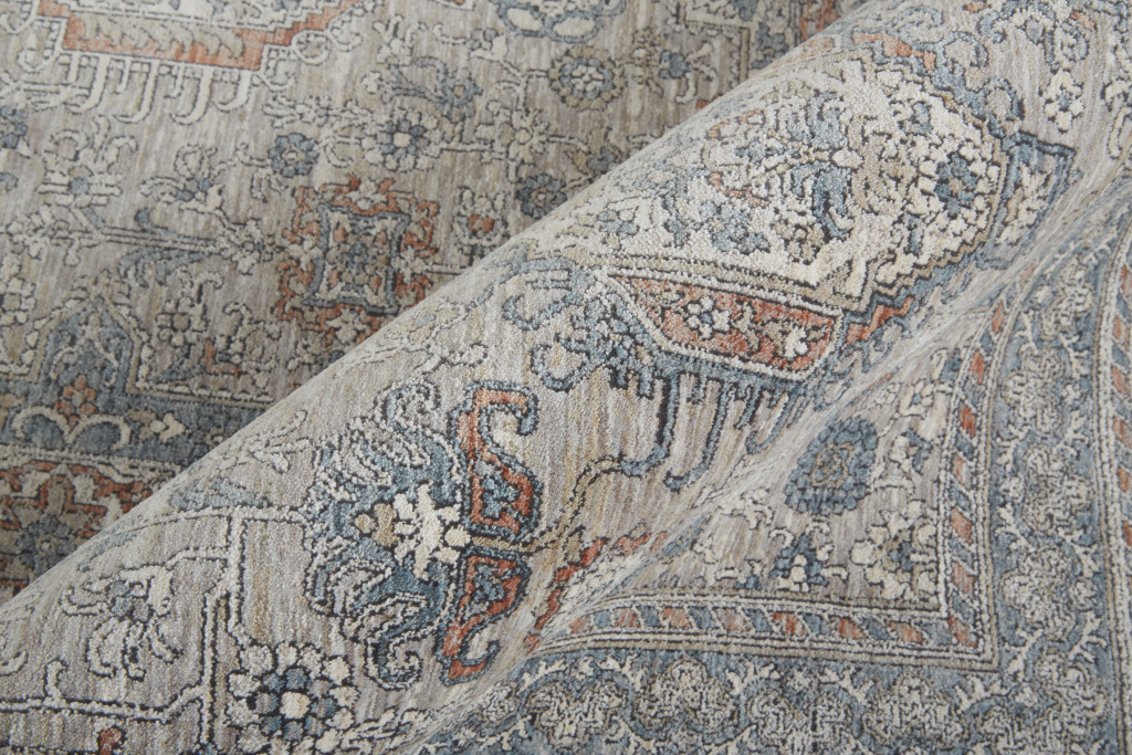 5" X 7" Silver Taupe and Blue Oriental Power Loom Worn Faded Area Rug With Fringe