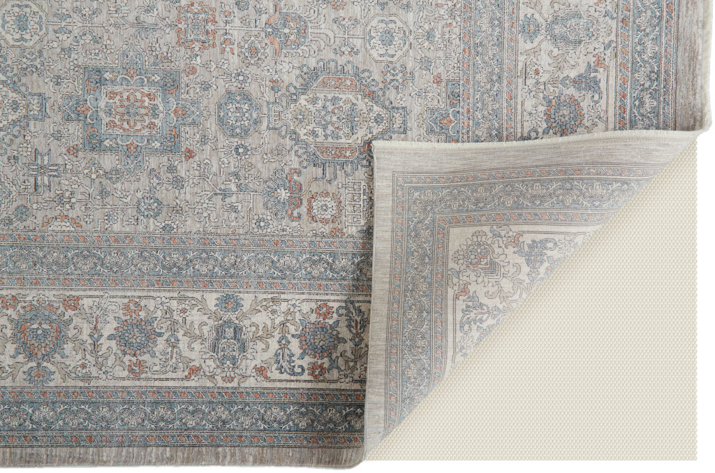 5" X 7" Silver Taupe and Blue Oriental Power Loom Worn Faded Area Rug With Fringe