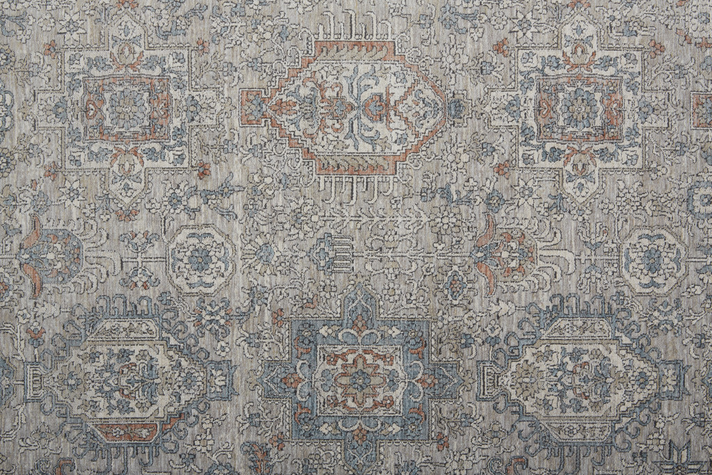 5" X 7" Silver Taupe and Blue Oriental Power Loom Worn Faded Area Rug With Fringe