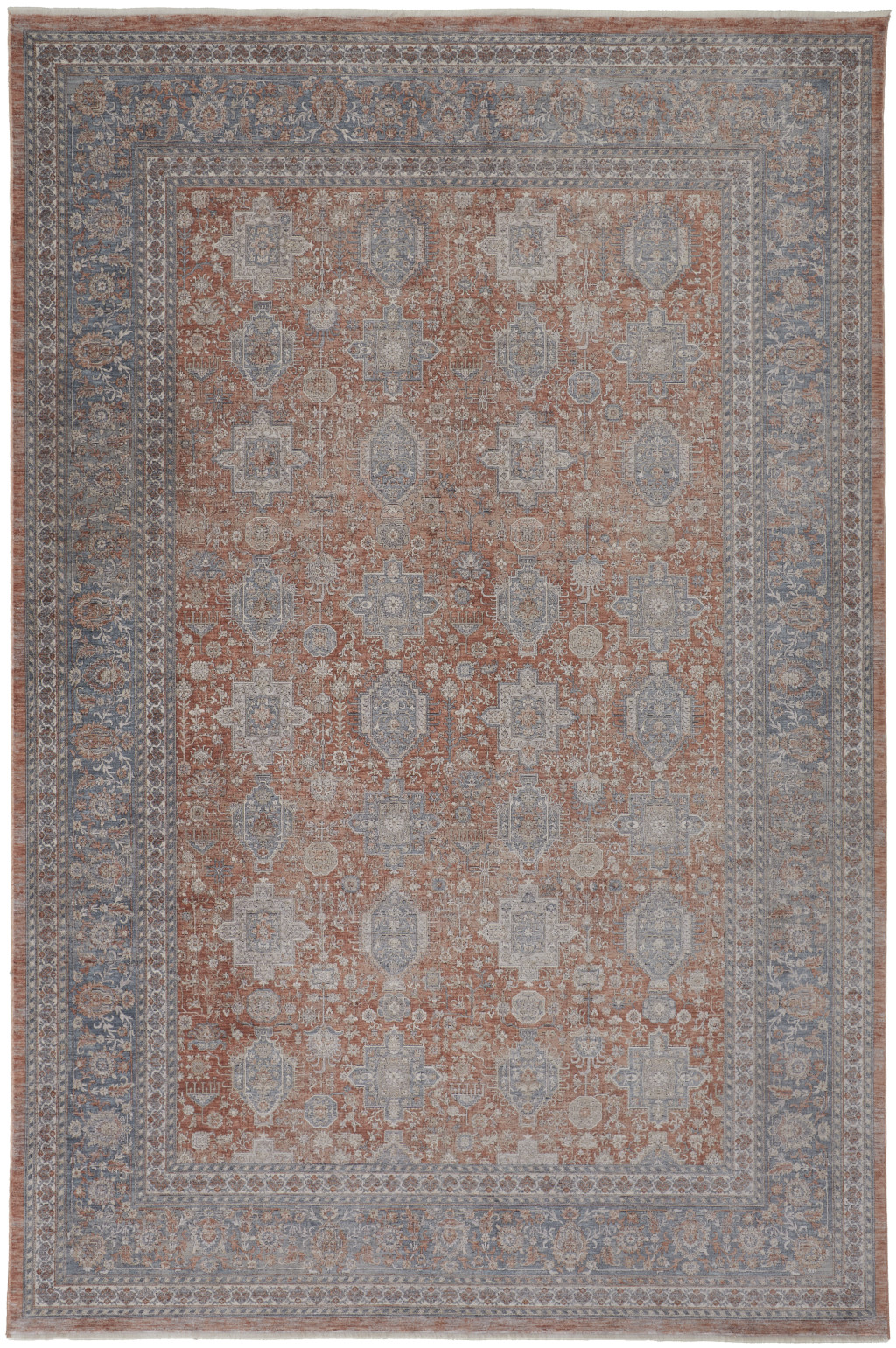 5" X 7" Silver Taupe and Blue Oriental Power Loom Worn Faded Area Rug With Fringe