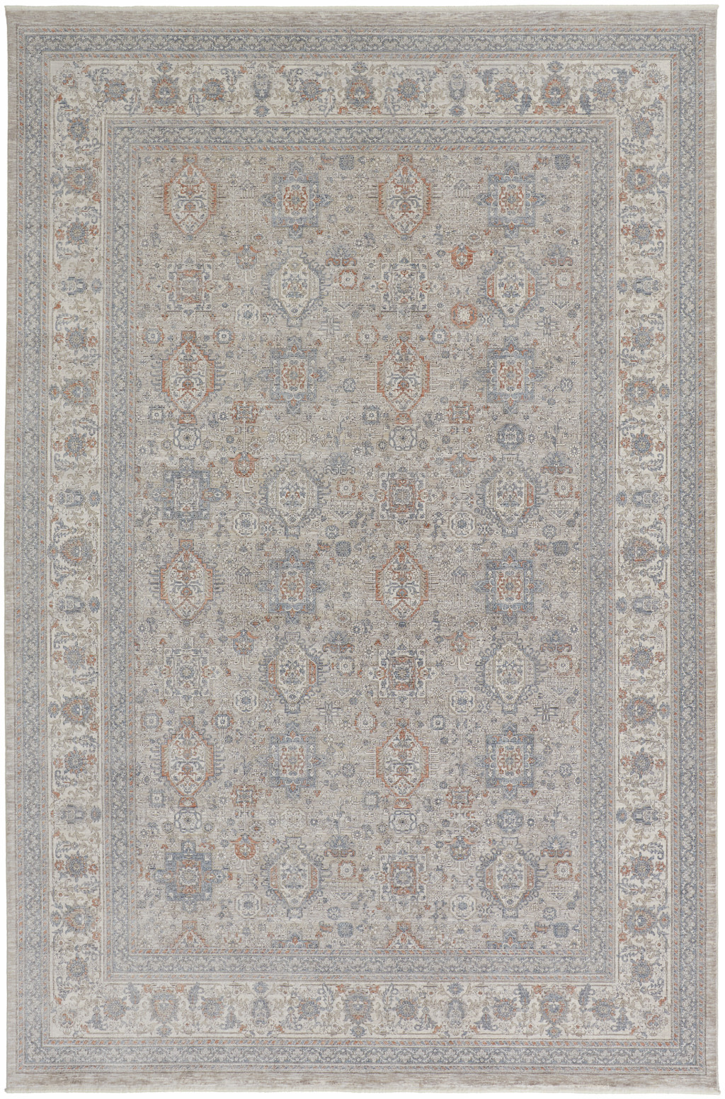5" X 7" Silver Taupe and Blue Oriental Power Loom Worn Faded Area Rug With Fringe