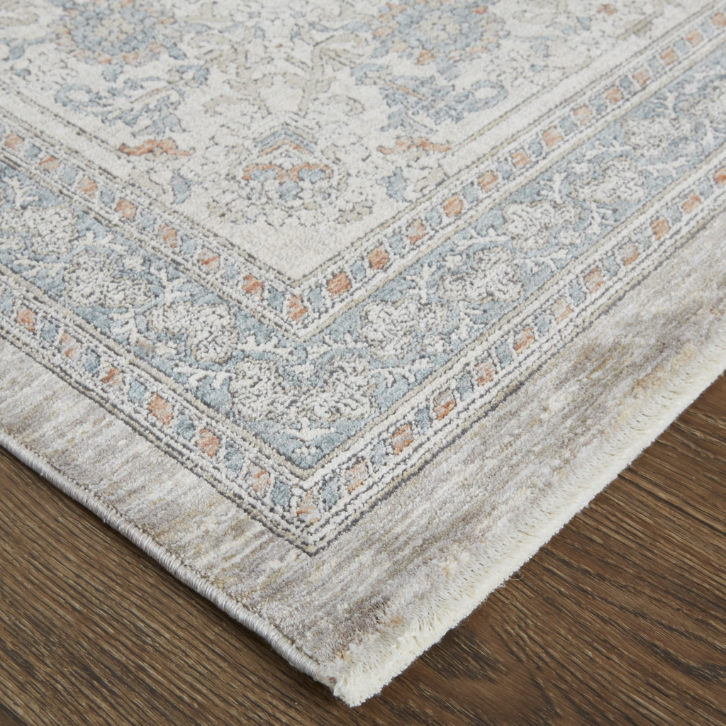 8" Silver Taupe and Blue Oriental Power Loom Worn Faded Runner Rug With Fringe