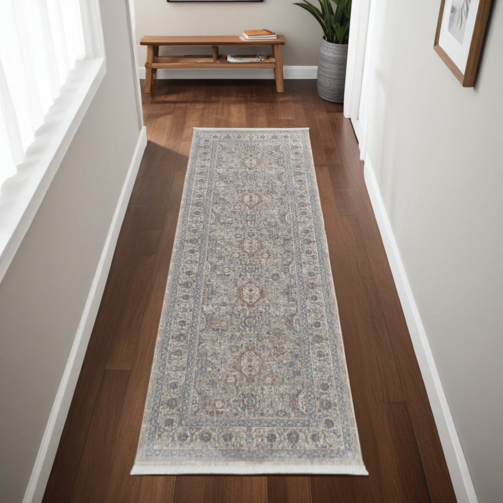 8" Silver Taupe and Blue Oriental Power Loom Worn Faded Runner Rug With Fringe