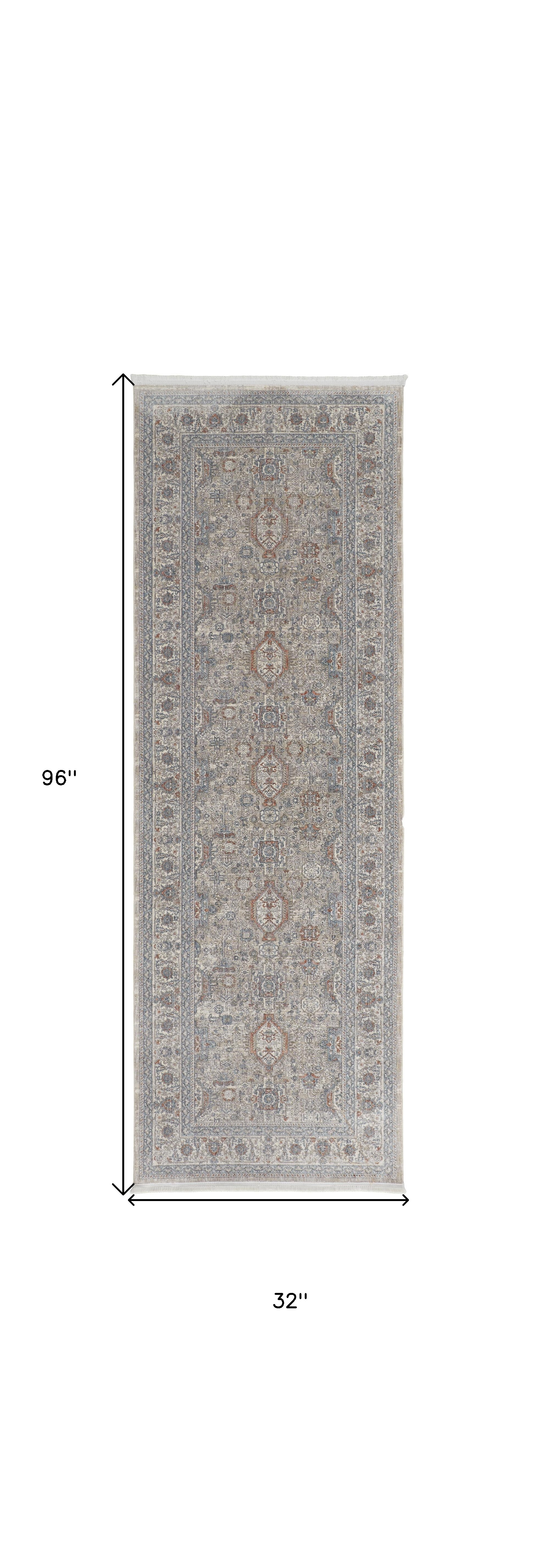 8" Silver Taupe and Blue Oriental Power Loom Worn Faded Runner Rug With Fringe