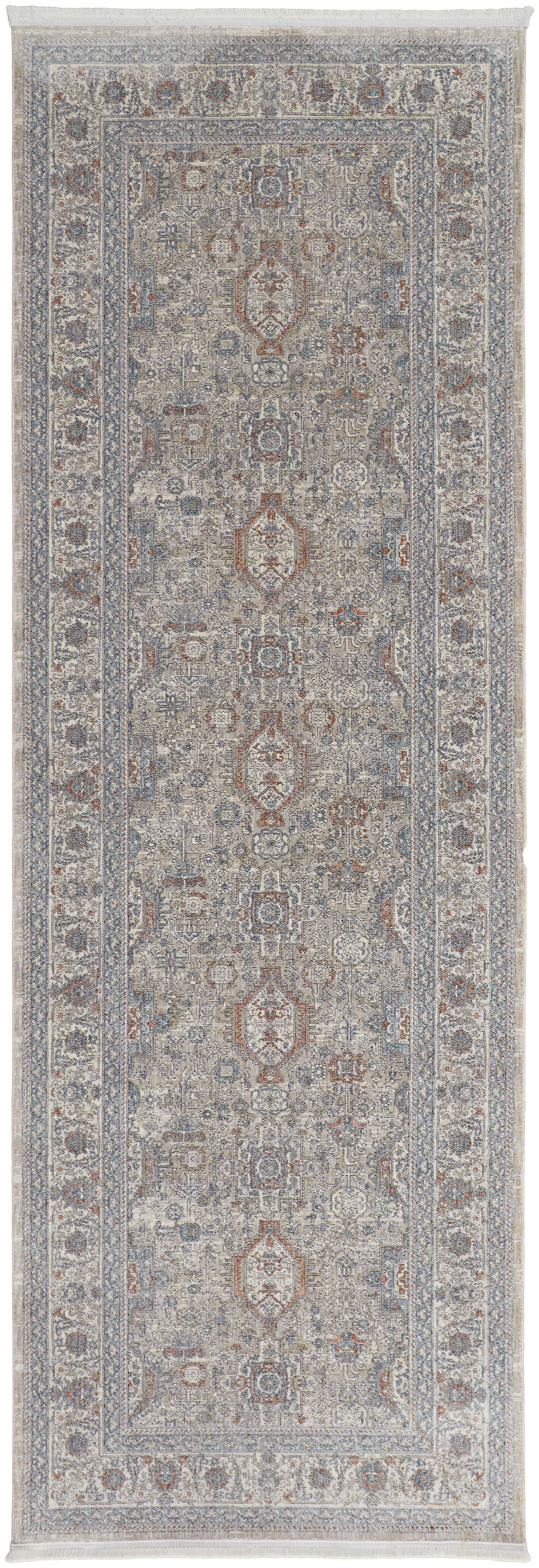 8" Silver Taupe and Blue Oriental Power Loom Worn Faded Runner Rug With Fringe