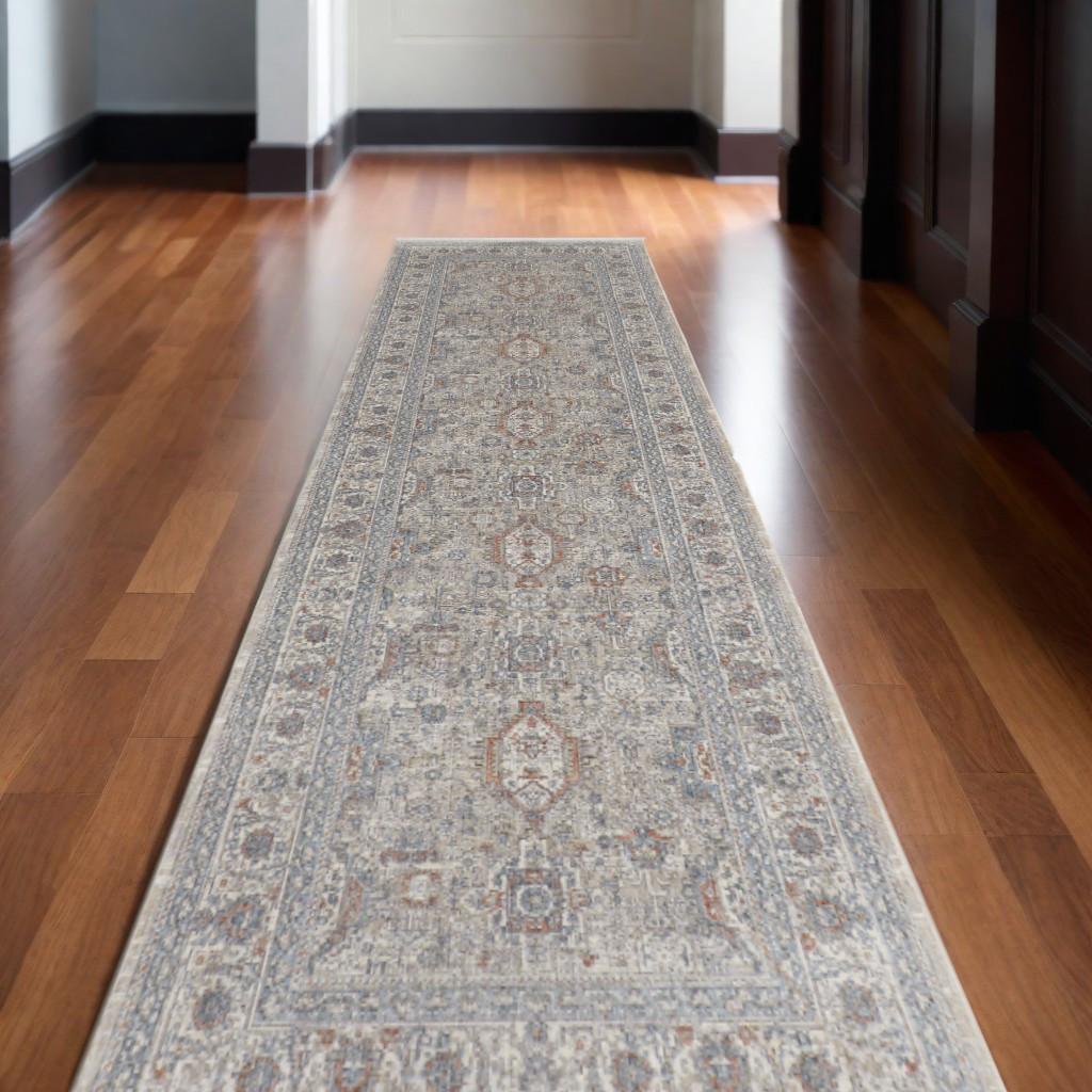 12" Silver Taupe and Blue Oriental Power Loom Worn Faded Runner Rug With Fringe