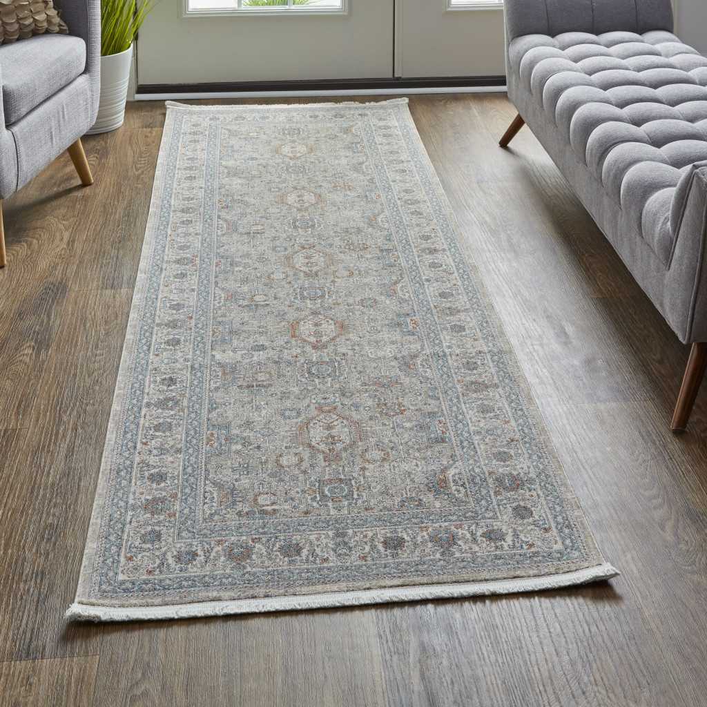 12" Silver Taupe and Blue Oriental Power Loom Worn Faded Runner Rug With Fringe