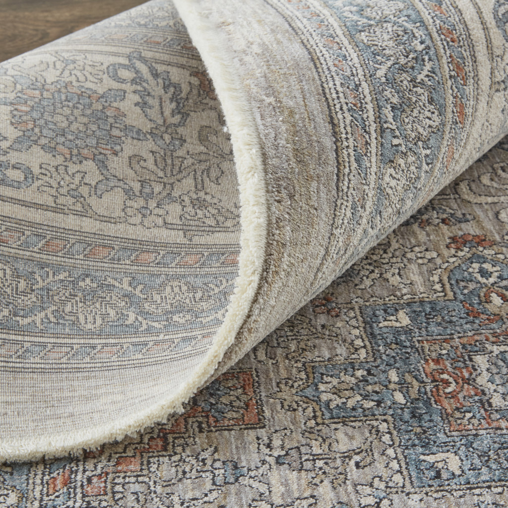12" Silver Taupe and Blue Oriental Power Loom Worn Faded Runner Rug With Fringe