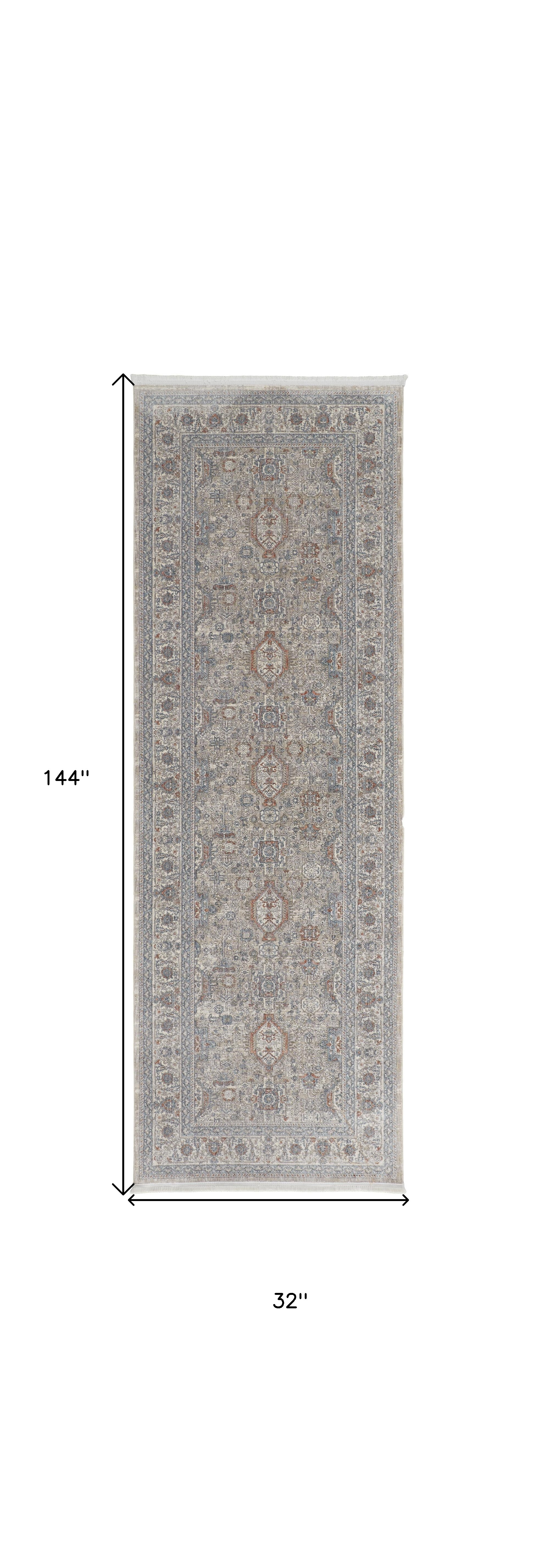 12" Silver Taupe and Blue Oriental Power Loom Worn Faded Runner Rug With Fringe