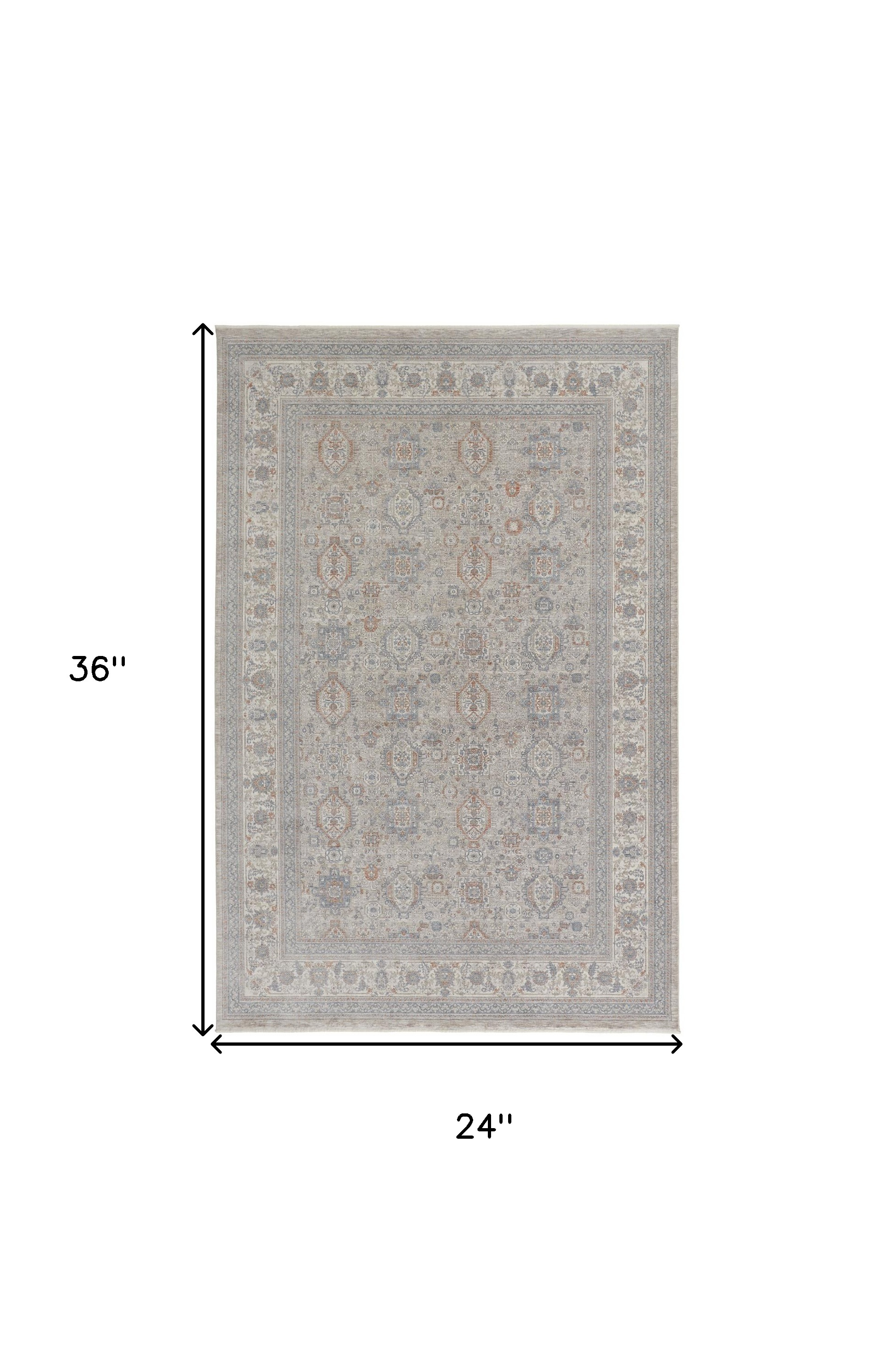 2" X 3" Silver Taupe and Blue Oriental Power Loom Worn Faded Area Rug With Fringe