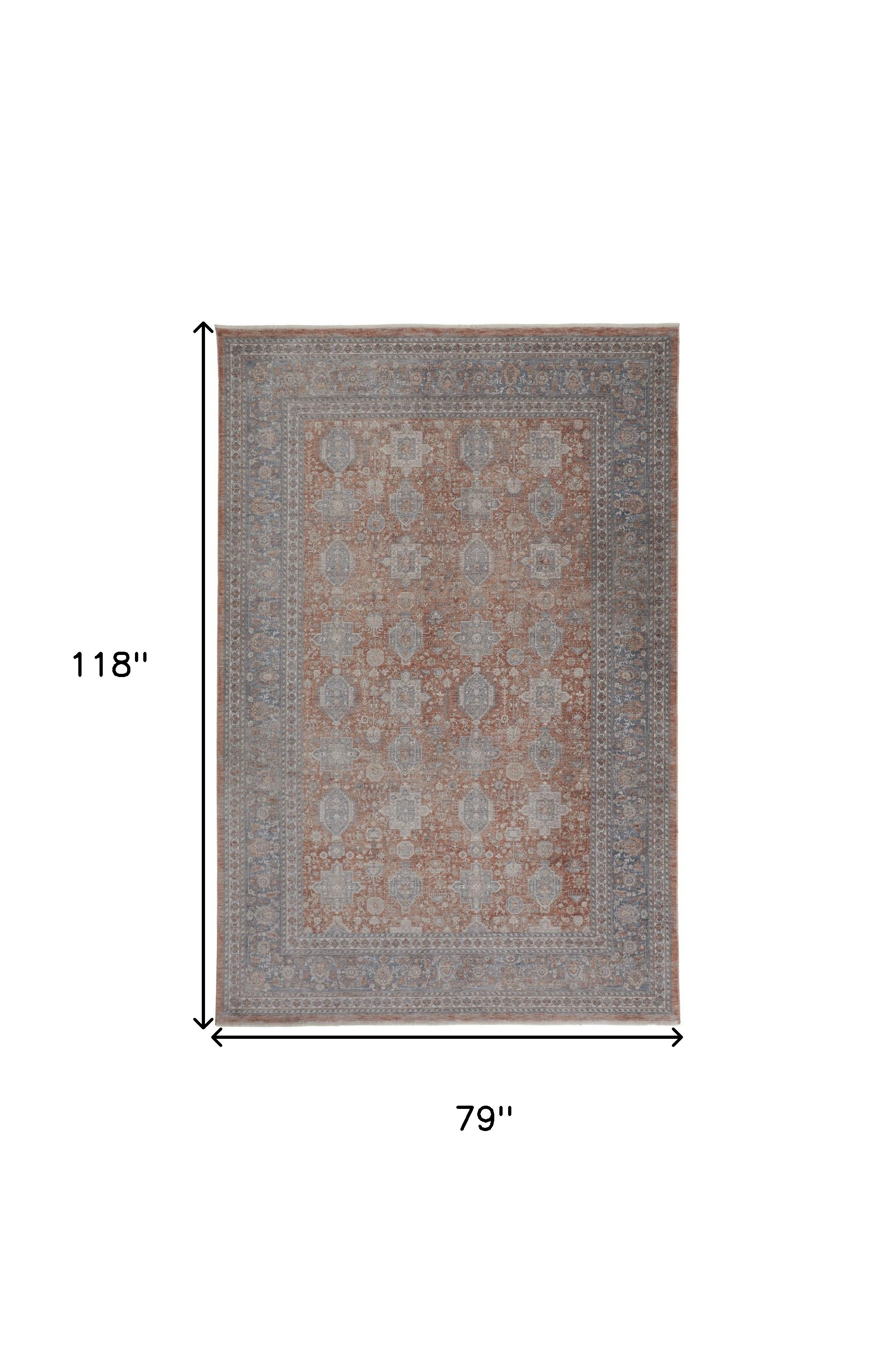 7" X 10" Blue and Red Oriental Power Loom Worn Faded Area Rug With Fringe