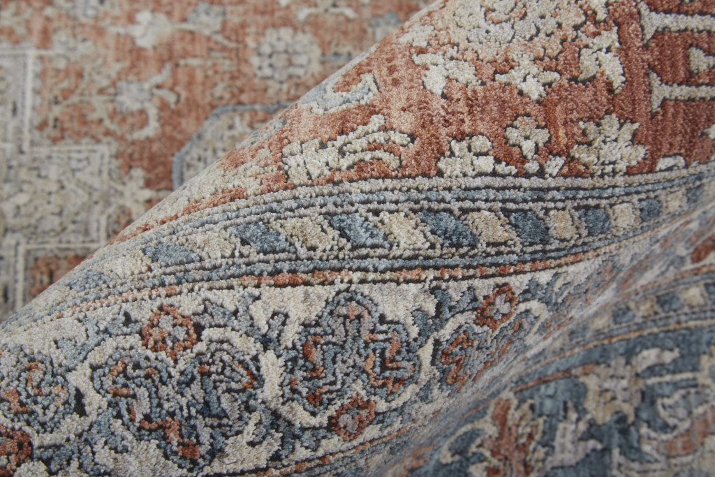 8" X 10" Blue and Red Oriental Power Loom Worn Faded Area Rug With Fringe
