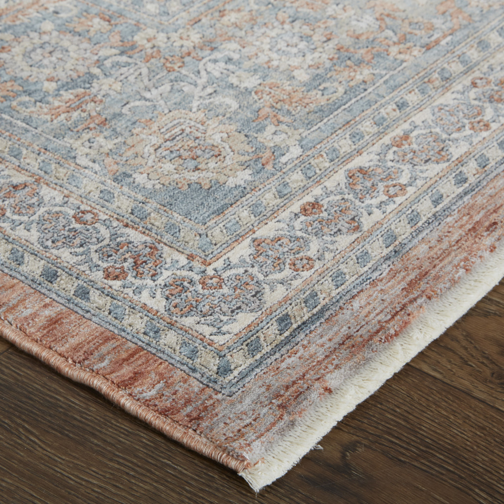 8" X 10" Blue and Red Oriental Power Loom Worn Faded Area Rug With Fringe