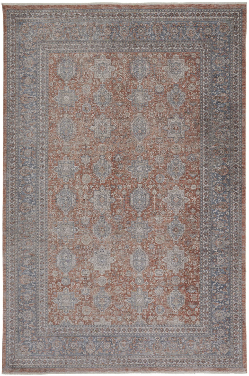 8" X 10" Blue and Red Oriental Power Loom Worn Faded Area Rug With Fringe