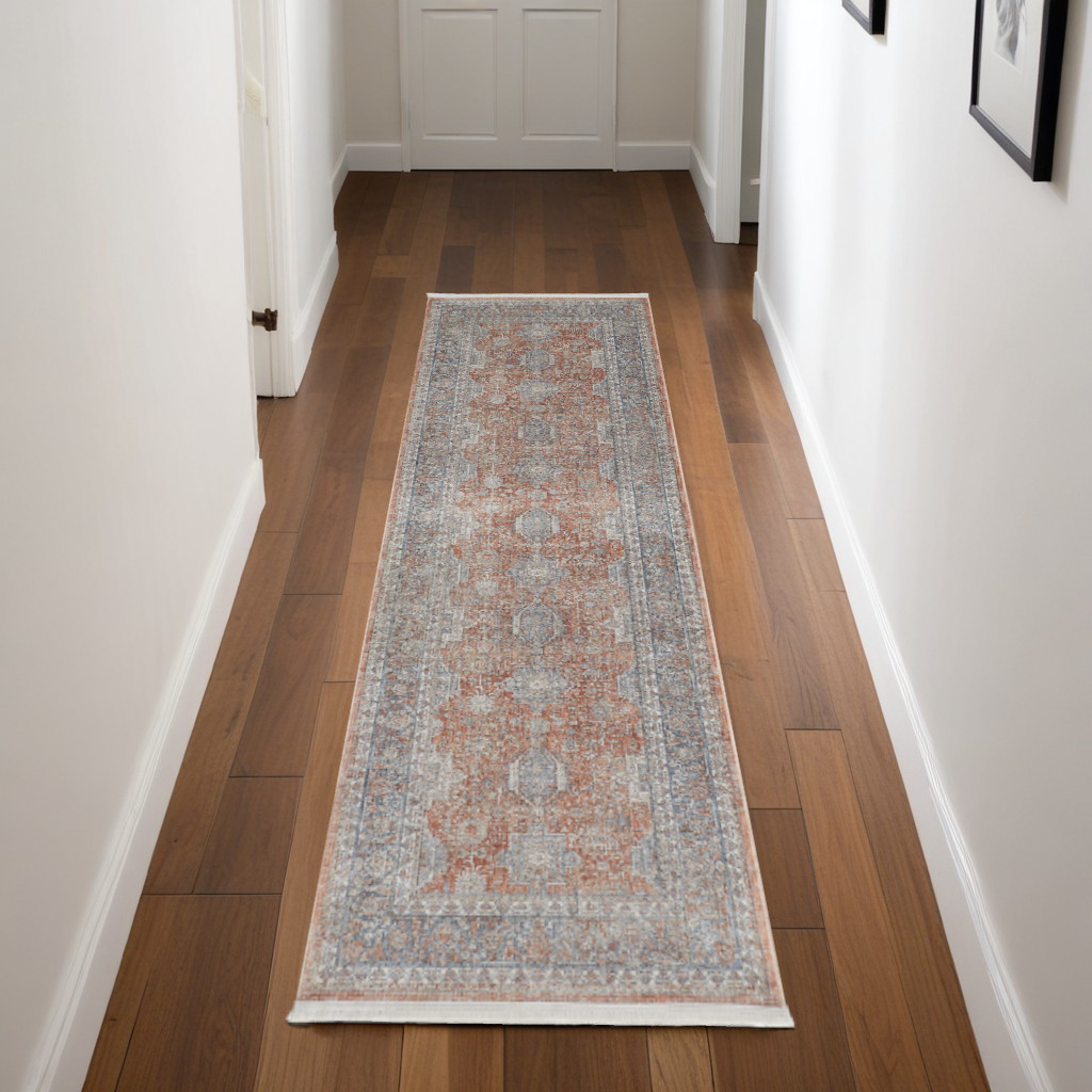 8" Blue and Red Oriental Power Loom Worn Faded Runner Rug With Fringe