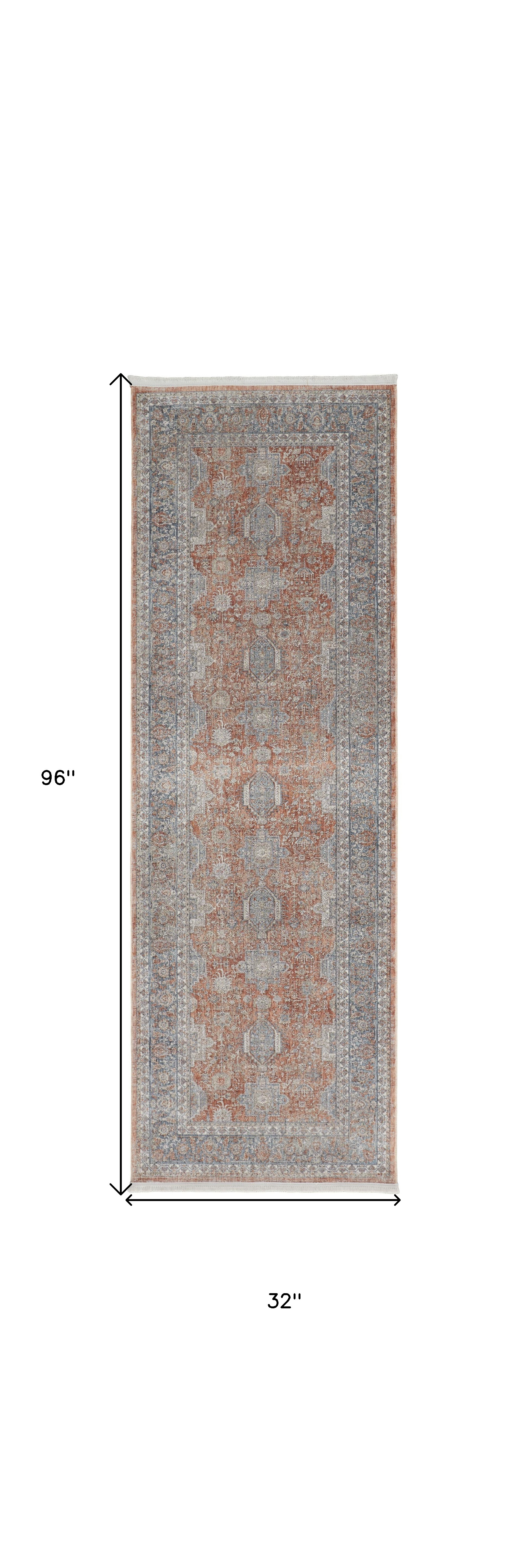 8" Blue and Red Oriental Power Loom Worn Faded Runner Rug With Fringe