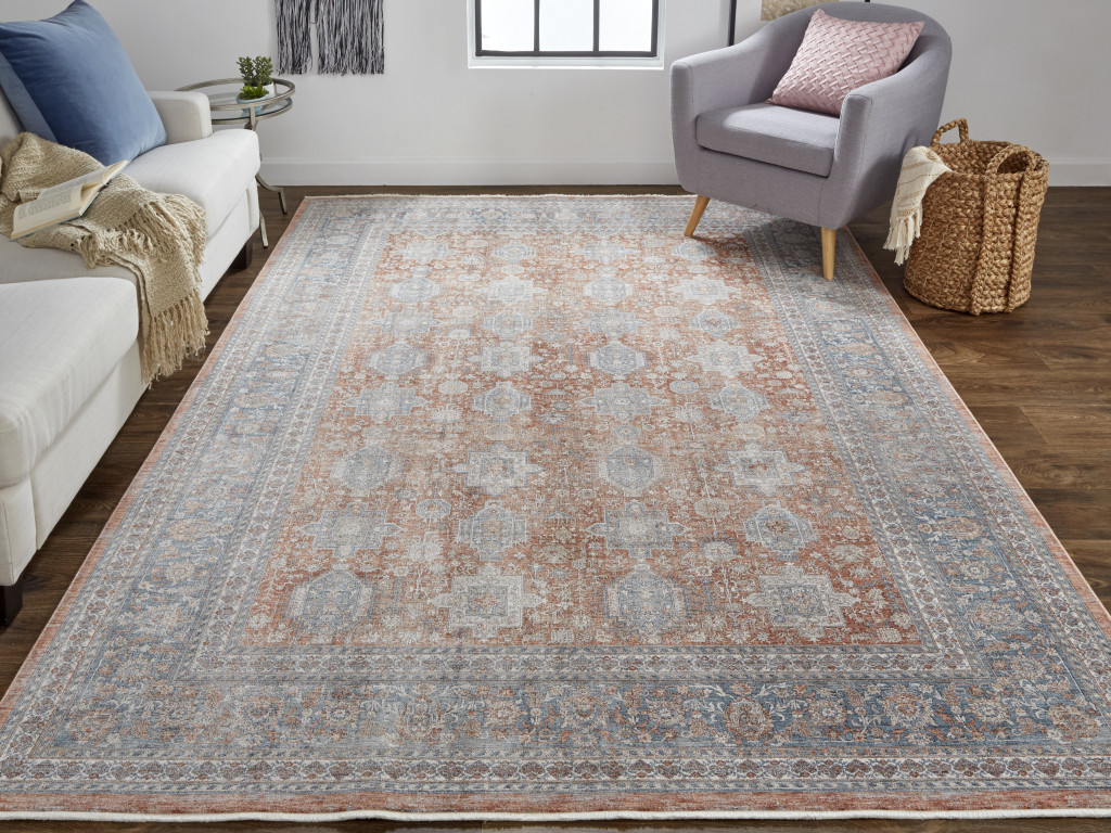 12" Blue and Red Oriental Power Loom Worn Faded Runner Rug With Fringe