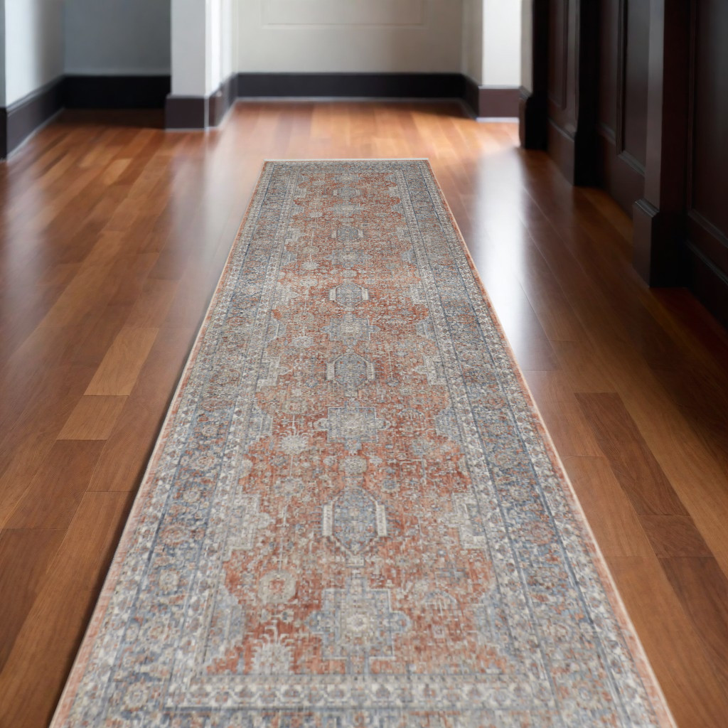 12" Blue and Red Oriental Power Loom Worn Faded Runner Rug With Fringe