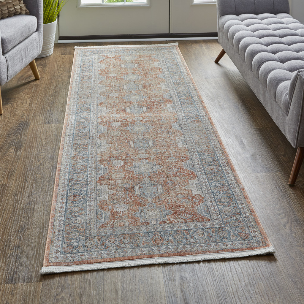 12" Blue and Red Oriental Power Loom Worn Faded Runner Rug With Fringe