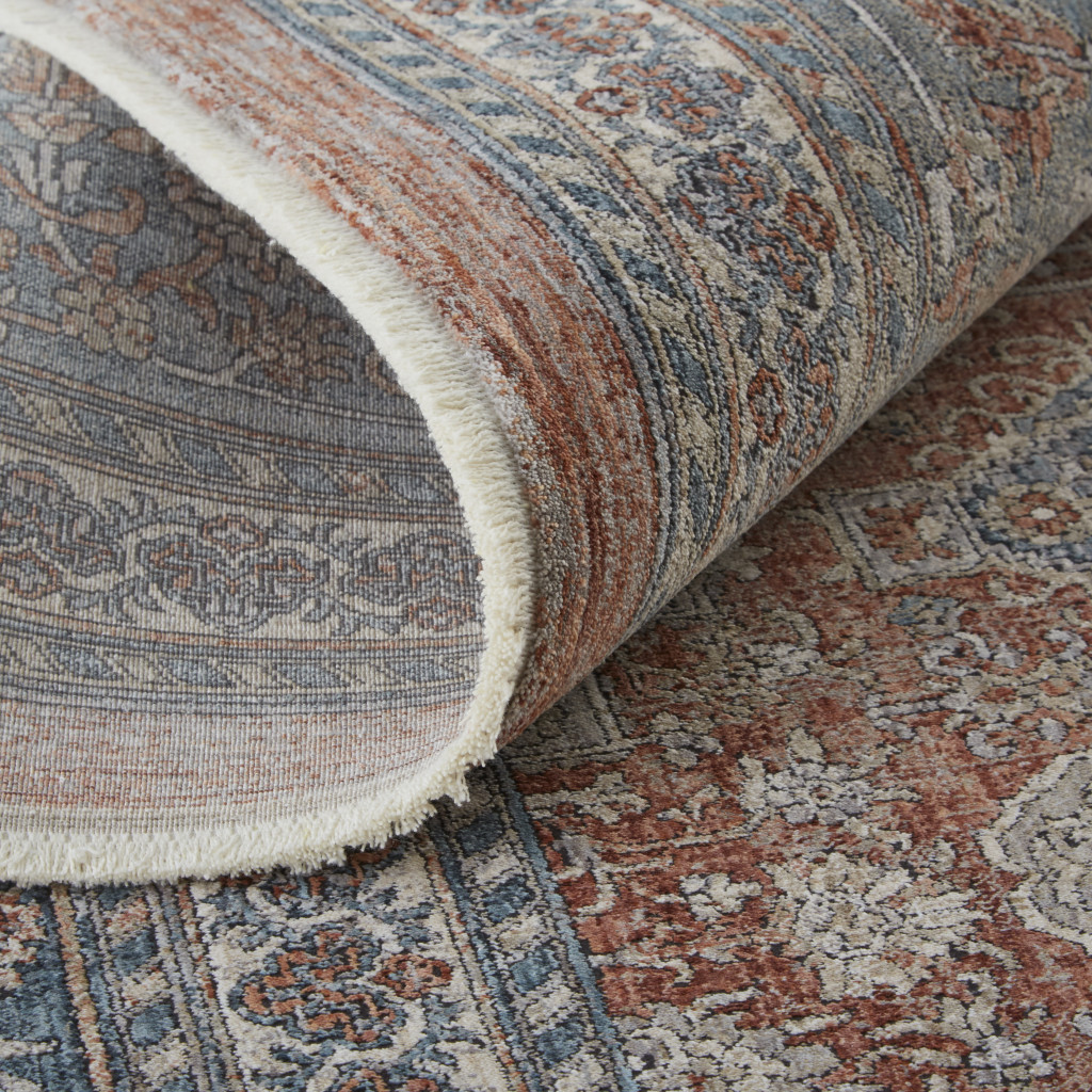 12" Blue and Red Oriental Power Loom Worn Faded Runner Rug With Fringe