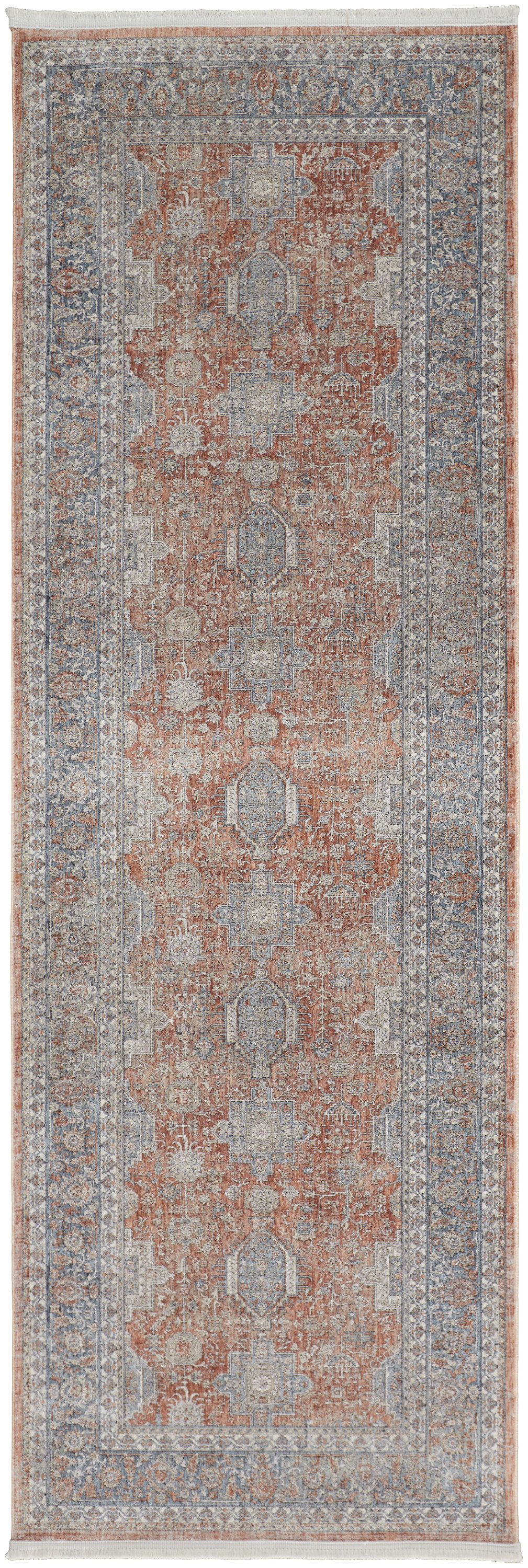 12" Blue and Red Oriental Power Loom Worn Faded Runner Rug With Fringe