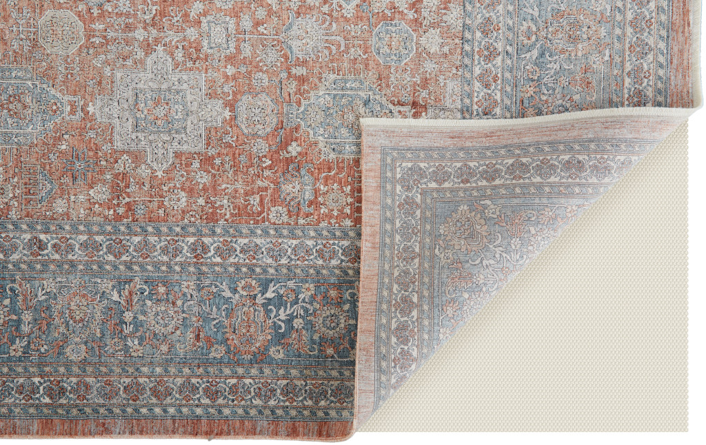 2" X 3" Blue and Red Oriental Power Loom Worn Faded Area Rug With Fringe