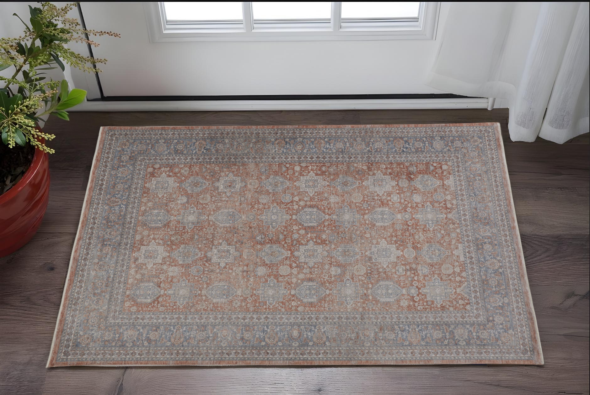2" X 3" Blue and Red Oriental Power Loom Worn Faded Area Rug With Fringe